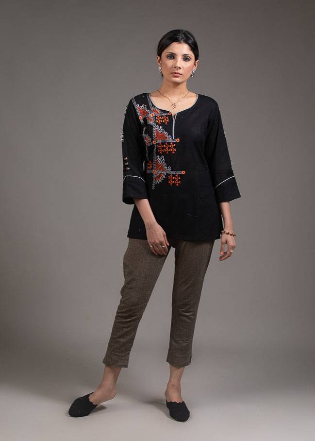 Multicolored embroidered black pure cotton designer top