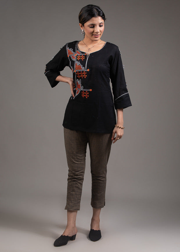 Multicolored embroidered black pure cotton designer top