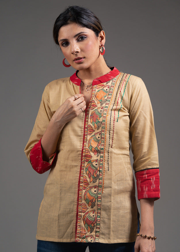 Madhubani painted cotton top with stich detailing