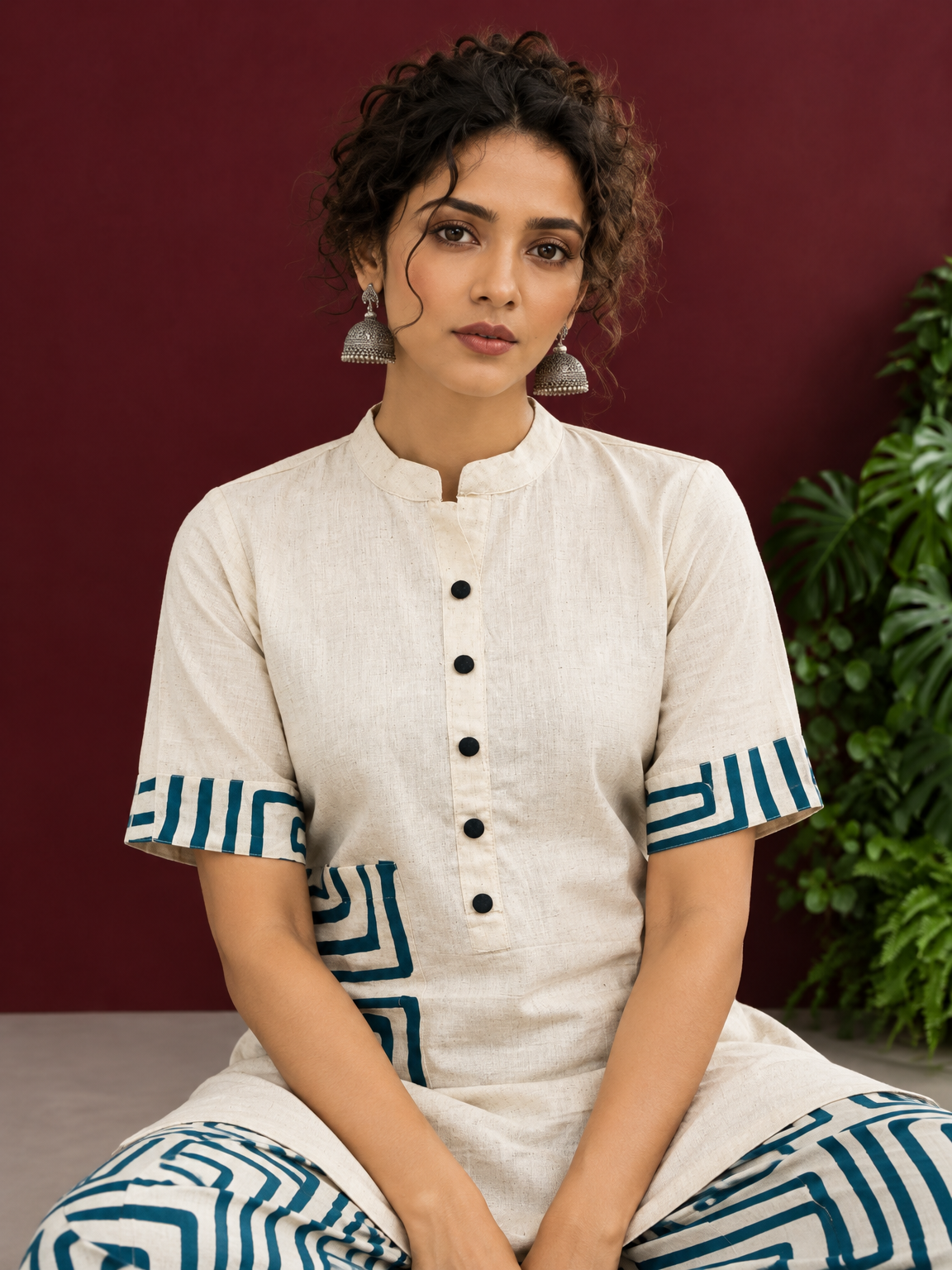 Classic Off-White Cotton Kurta with Contrast Geometric Print Pocket & Coordinated Sleeve Cuffs — seated detail