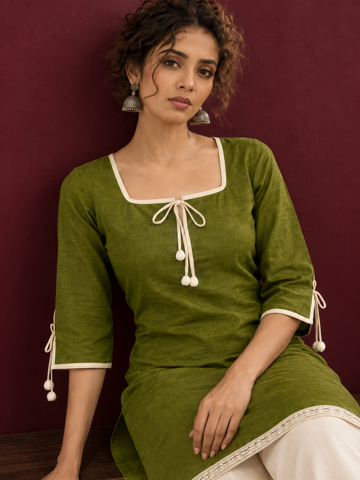 Timeless Olive Green Cotton Tunic with Tasseled Tie-Up Neckline and Contrast Lace Hem Border — seated detail