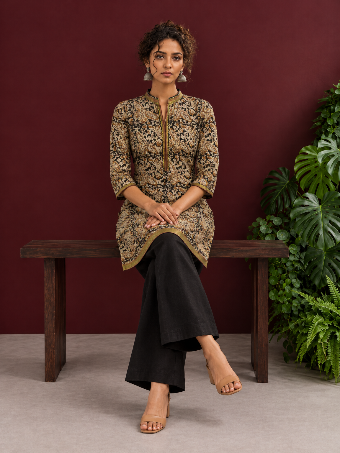Earthy Kalamkari Cotton Tunic — seated
