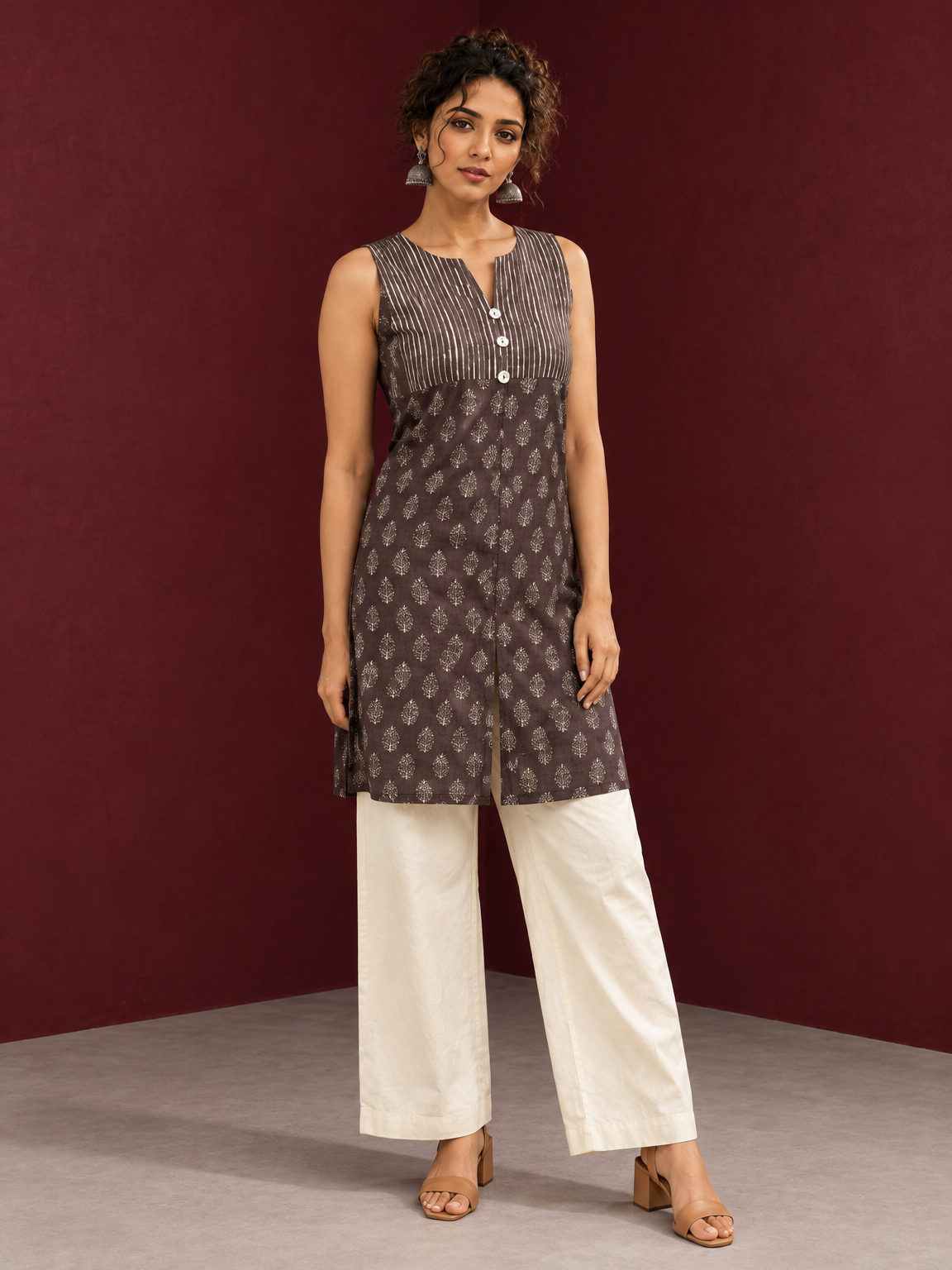 Brown Rayon Sleeveless Tunic with Striped Yoke & Contrast Block Printed Floral Motif Body — front view