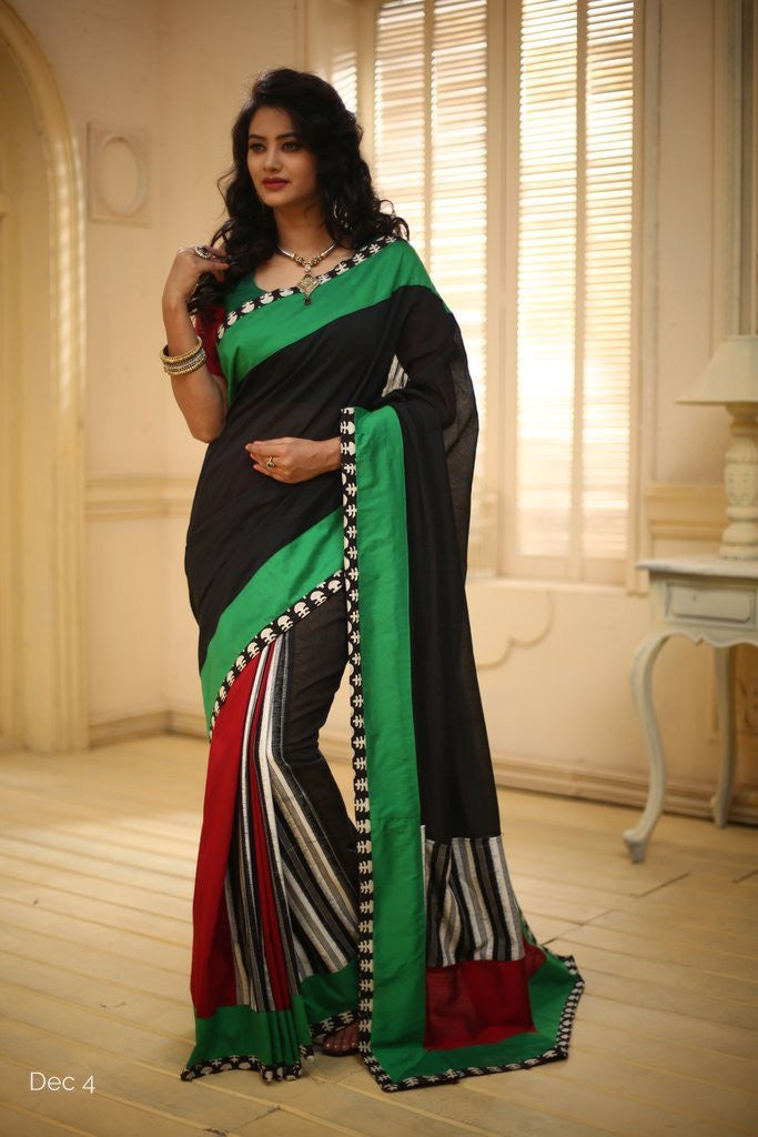 Black Chanderi with Ikat stripes on pleats and pallu - Sujatra