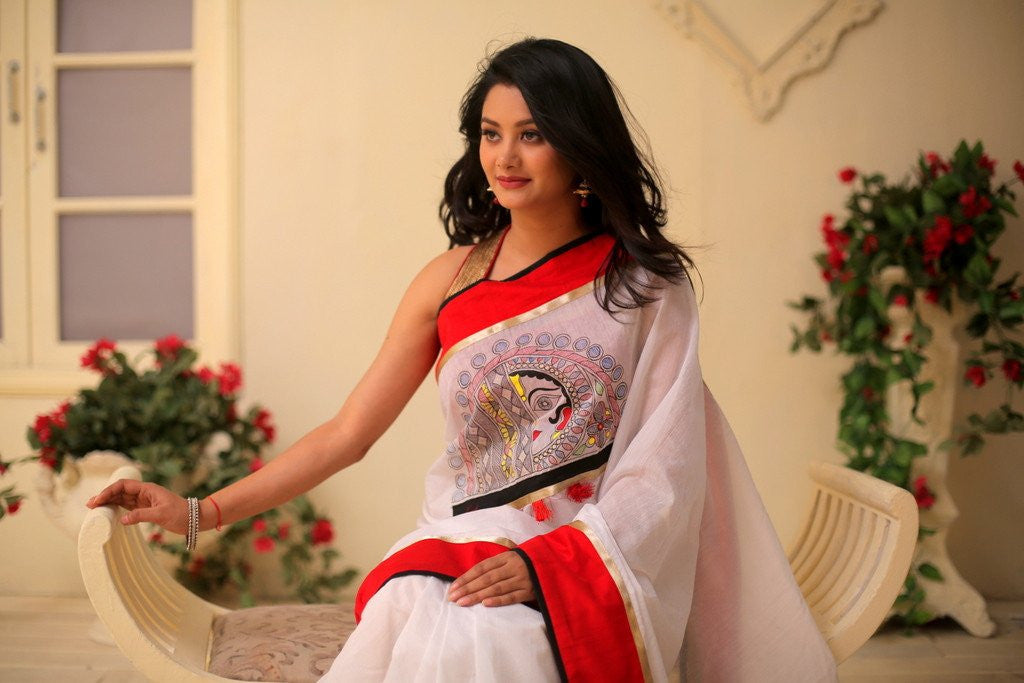 Exclusive hand painted saree on white chanderi