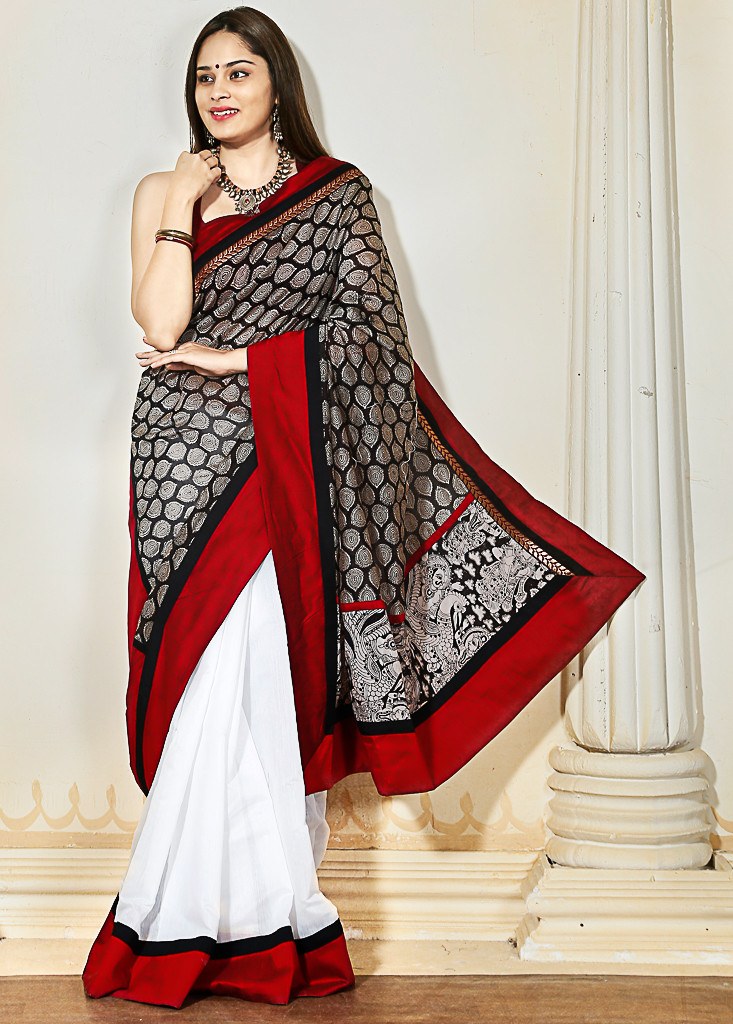 Rajasthani printed chanderi with white chanderi pleats & kalamkari printed patch on pallu - Sujatra