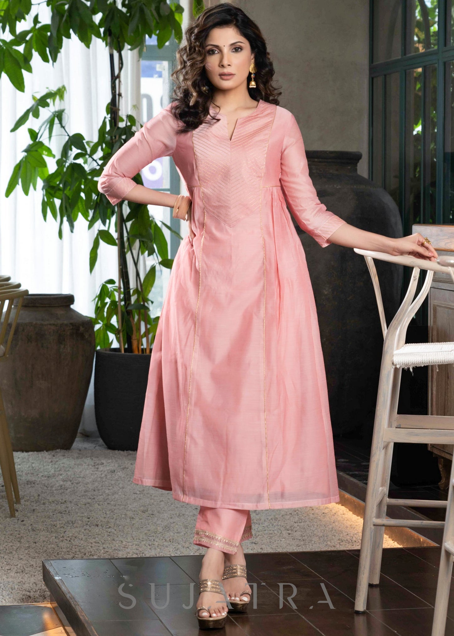 Light pink chanderi Pant & flared kurta with gold detaling - Dupatta Optional