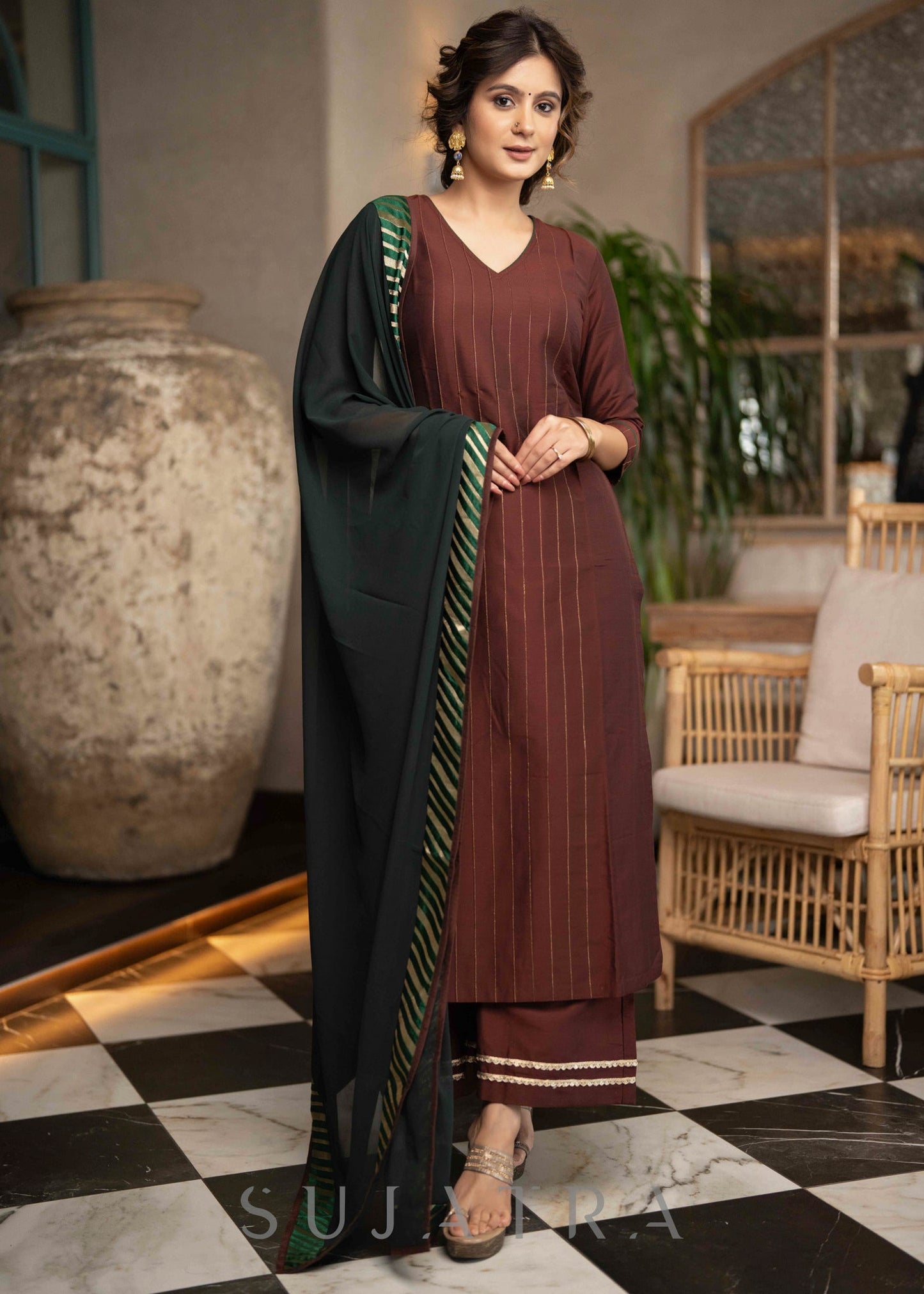 Stylish Brown Cotton Silk Pant & Kurta With Pin tucks In Front & Emerald Green Detailing - Dupatta Optional