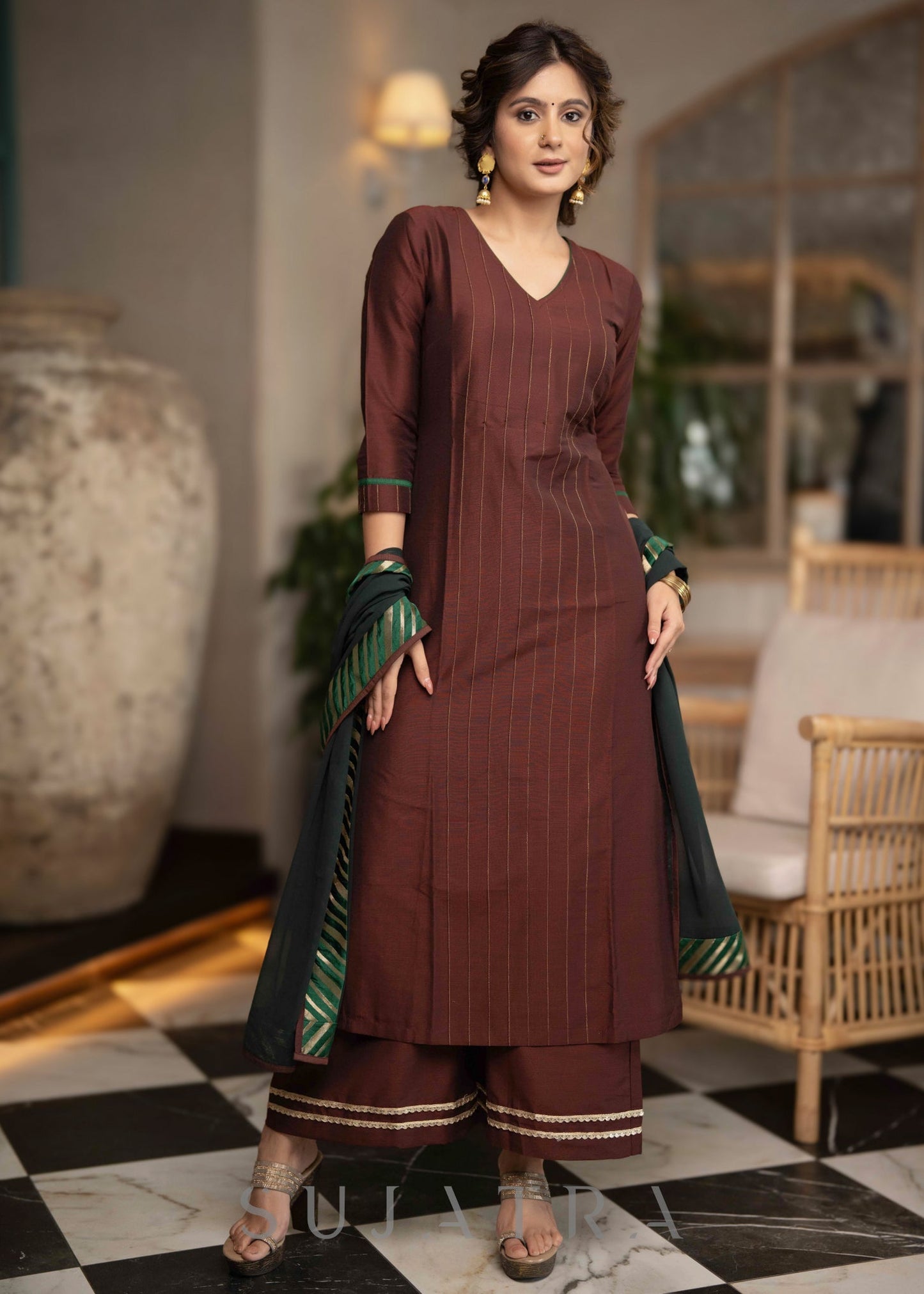 Stylish Brown Cotton Silk Pant & Kurta With Pin tucks In Front & Emerald Green Detailing - Dupatta Optional