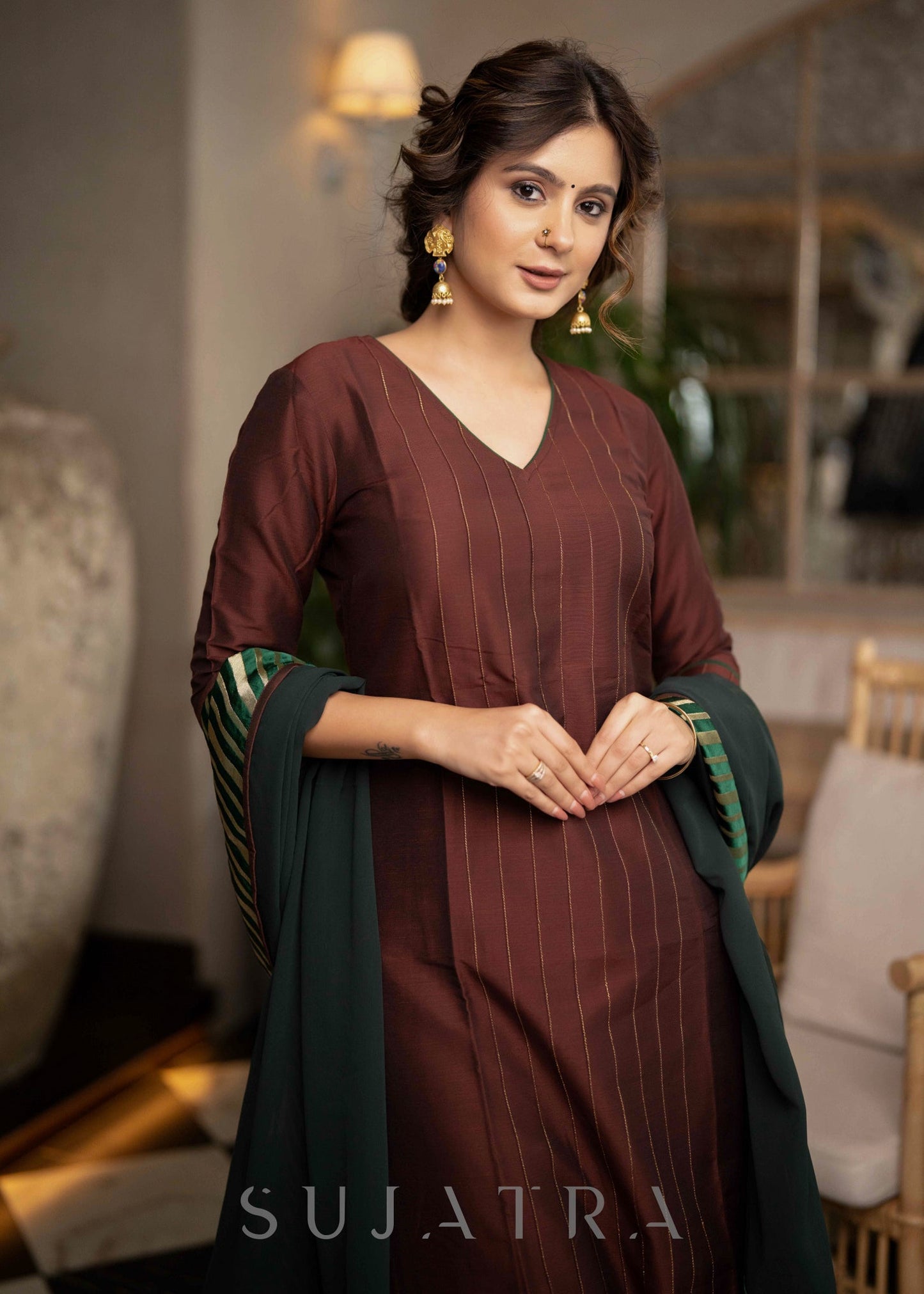 Stylish Brown Cotton Silk Pant & Kurta With Pin tucks In Front & Emerald Green Detailing - Dupatta Optional