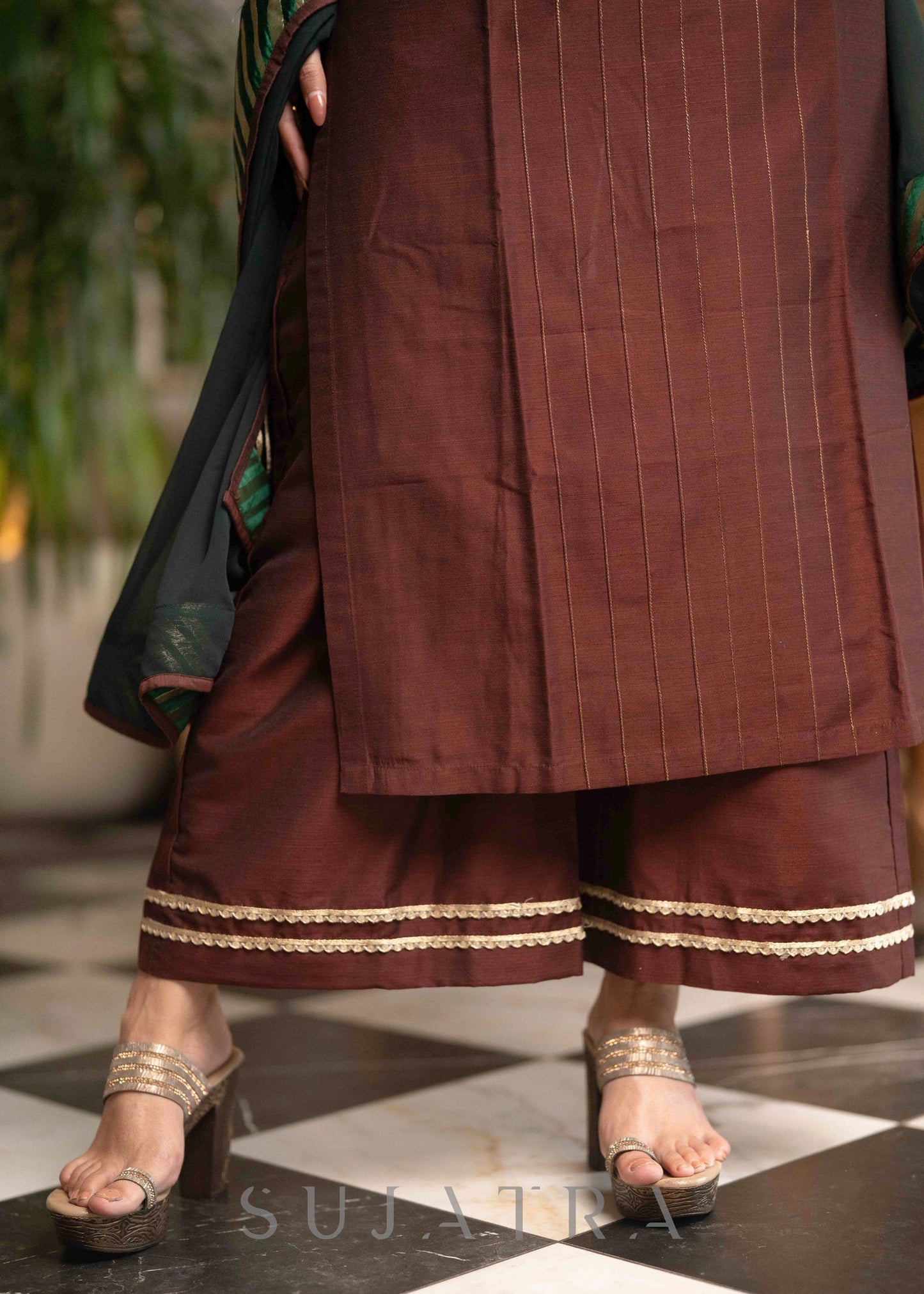 Stylish Brown Cotton Silk Pant & Kurta With Pin tucks In Front & Emerald Green Detailing - Dupatta Optional