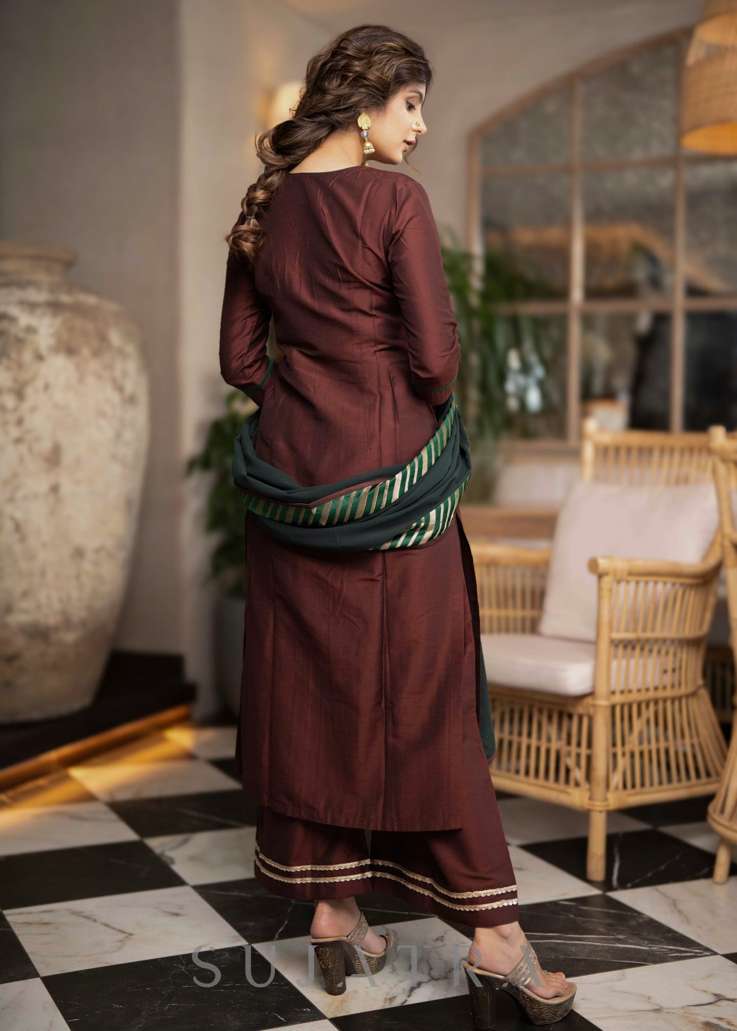 Stylish Brown Cotton Silk Pant & Kurta With Pin tucks In Front & Emerald Green Detailing - Dupatta Optional