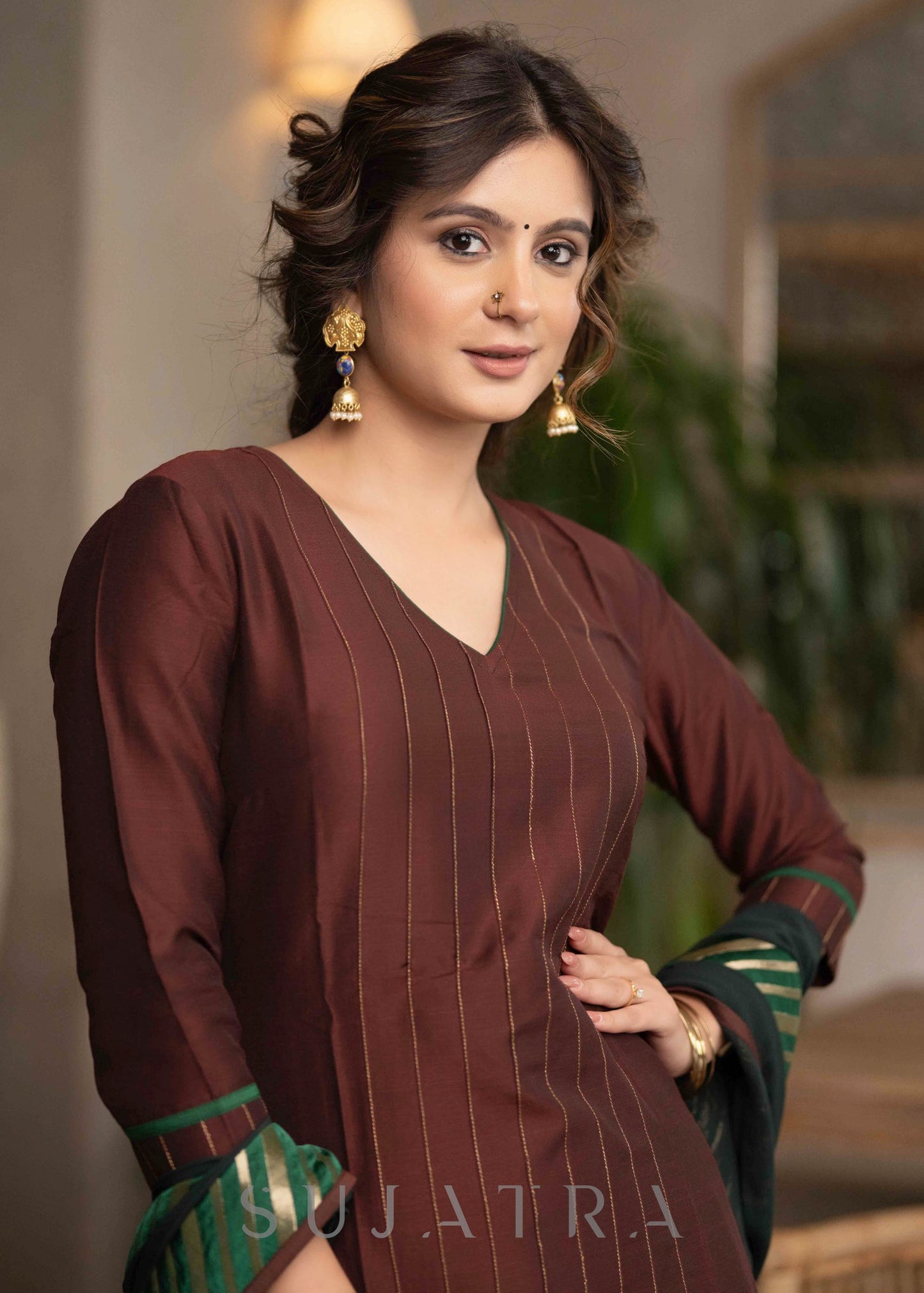 Stylish Brown Cotton Silk Pant & Kurta With Pin tucks In Front & Emerald Green Detailing - Dupatta Optional