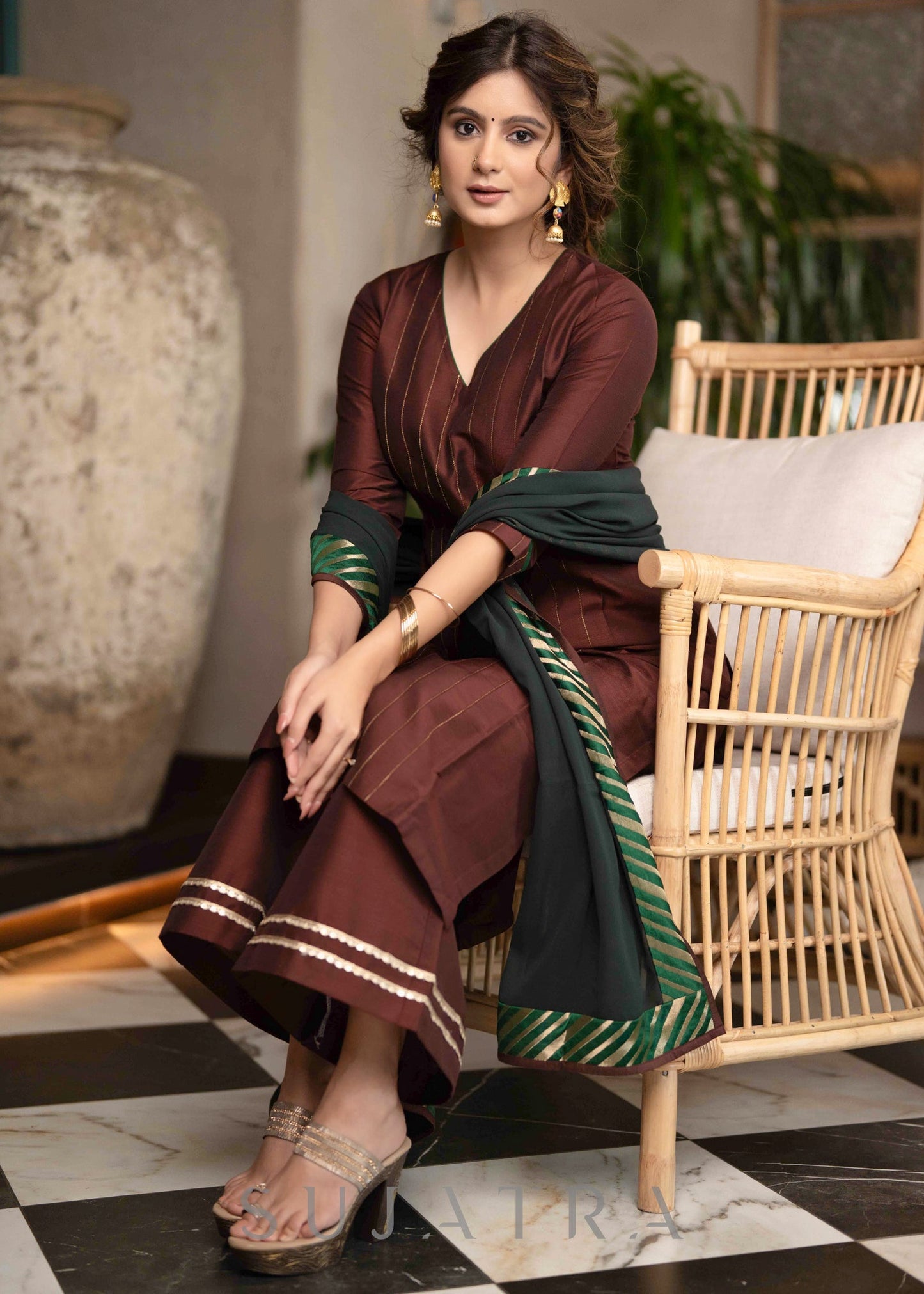 Stylish Brown Cotton Silk Pant & Kurta With Pin tucks In Front & Emerald Green Detailing - Dupatta Optional