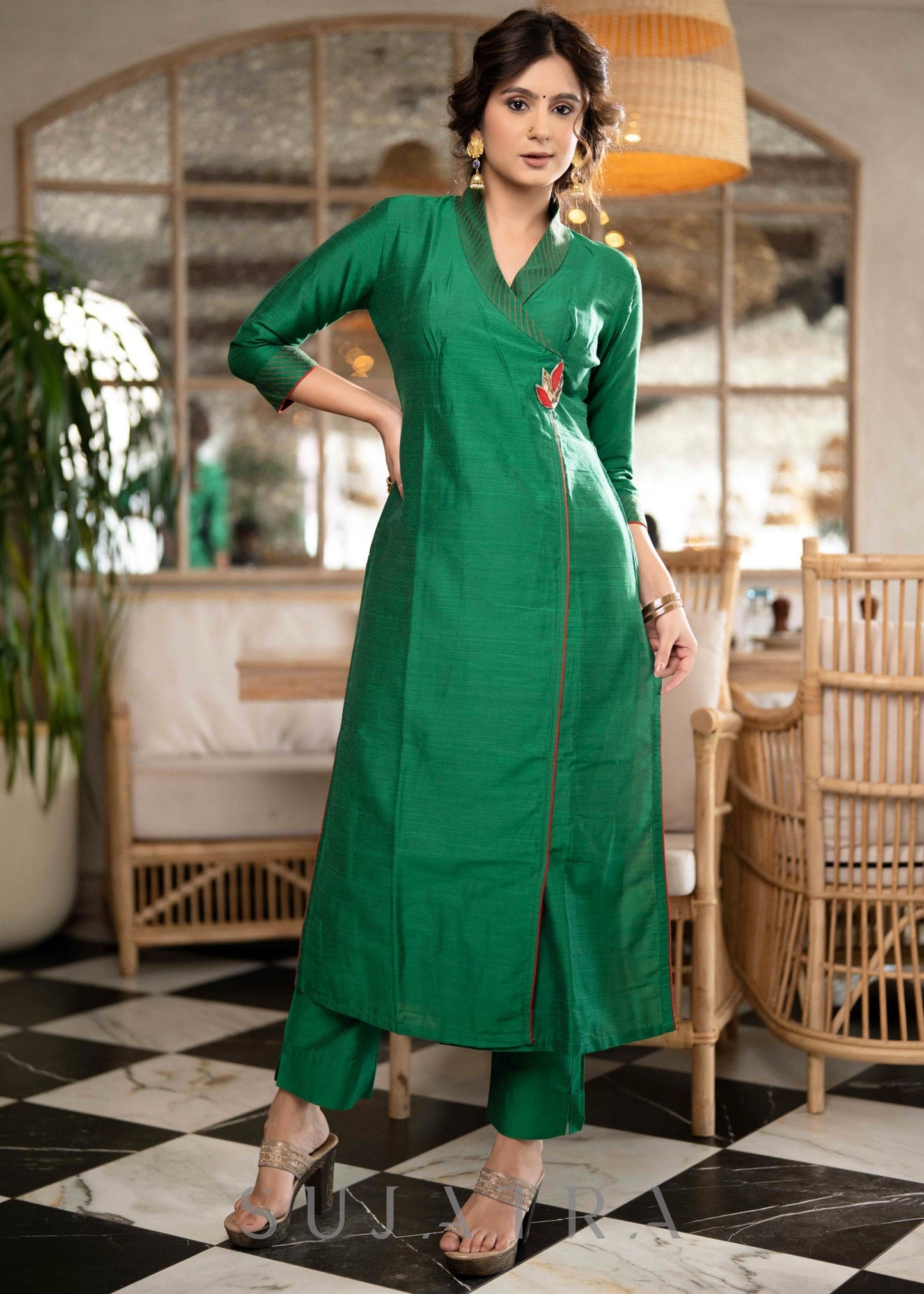 Elegant Emerald Green Cotton Silk pant & Kurta With Red Thread work On Neckline & Sleeves - Dupatta Optional