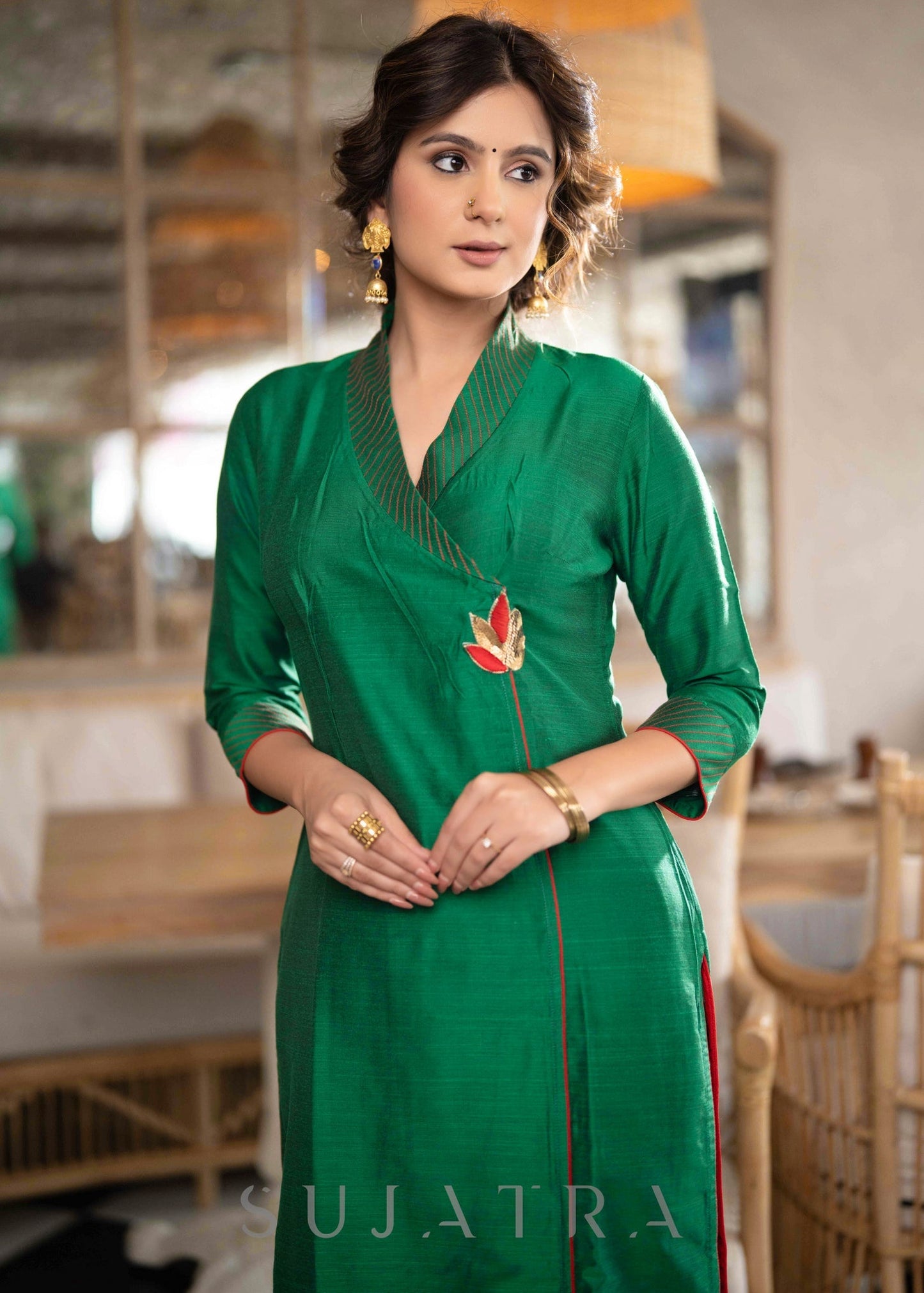 Elegant Emerald Green Cotton Silk pant & Kurta With Red Thread work On Neckline & Sleeves - Dupatta Optional