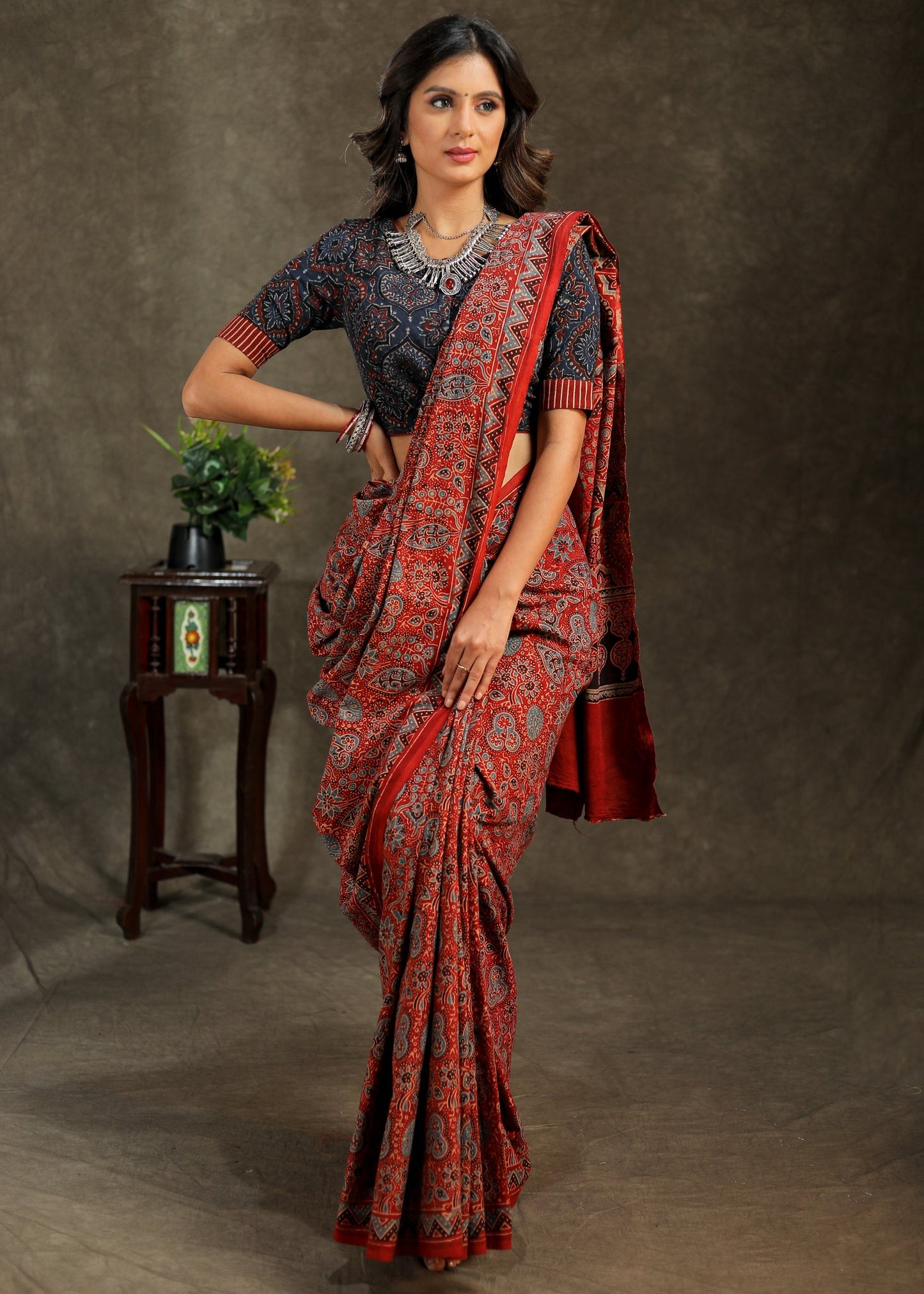 Red and blue Cotton Ajrakh saree