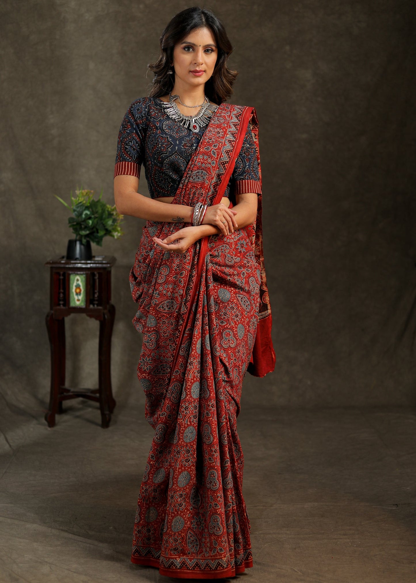 Red and blue Cotton Ajrakh saree