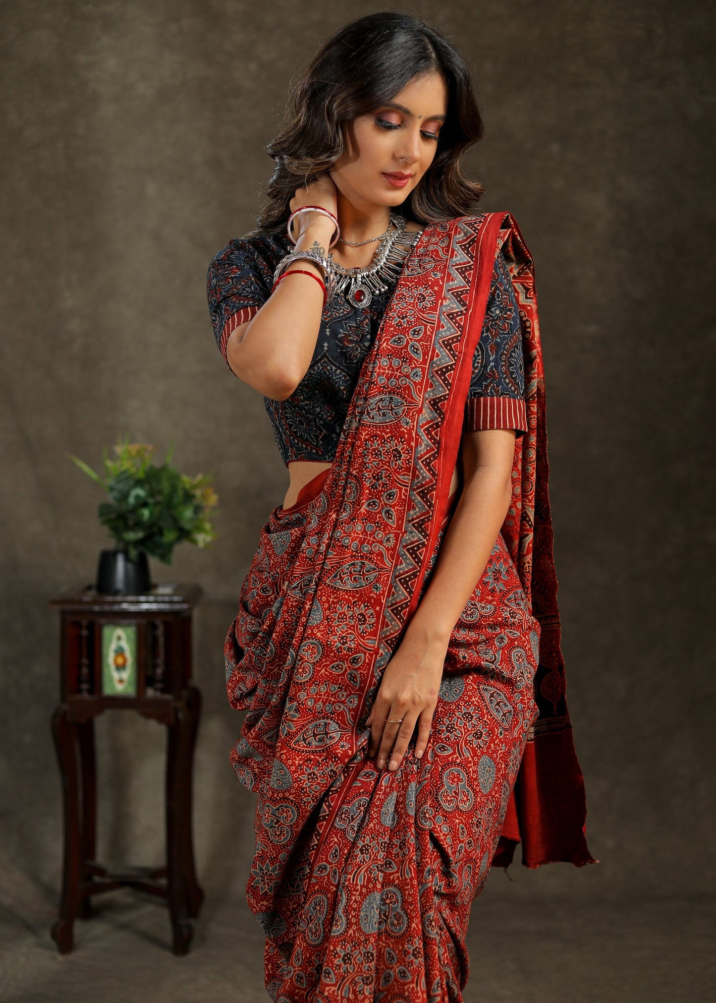 Red and blue Cotton Ajrakh saree
