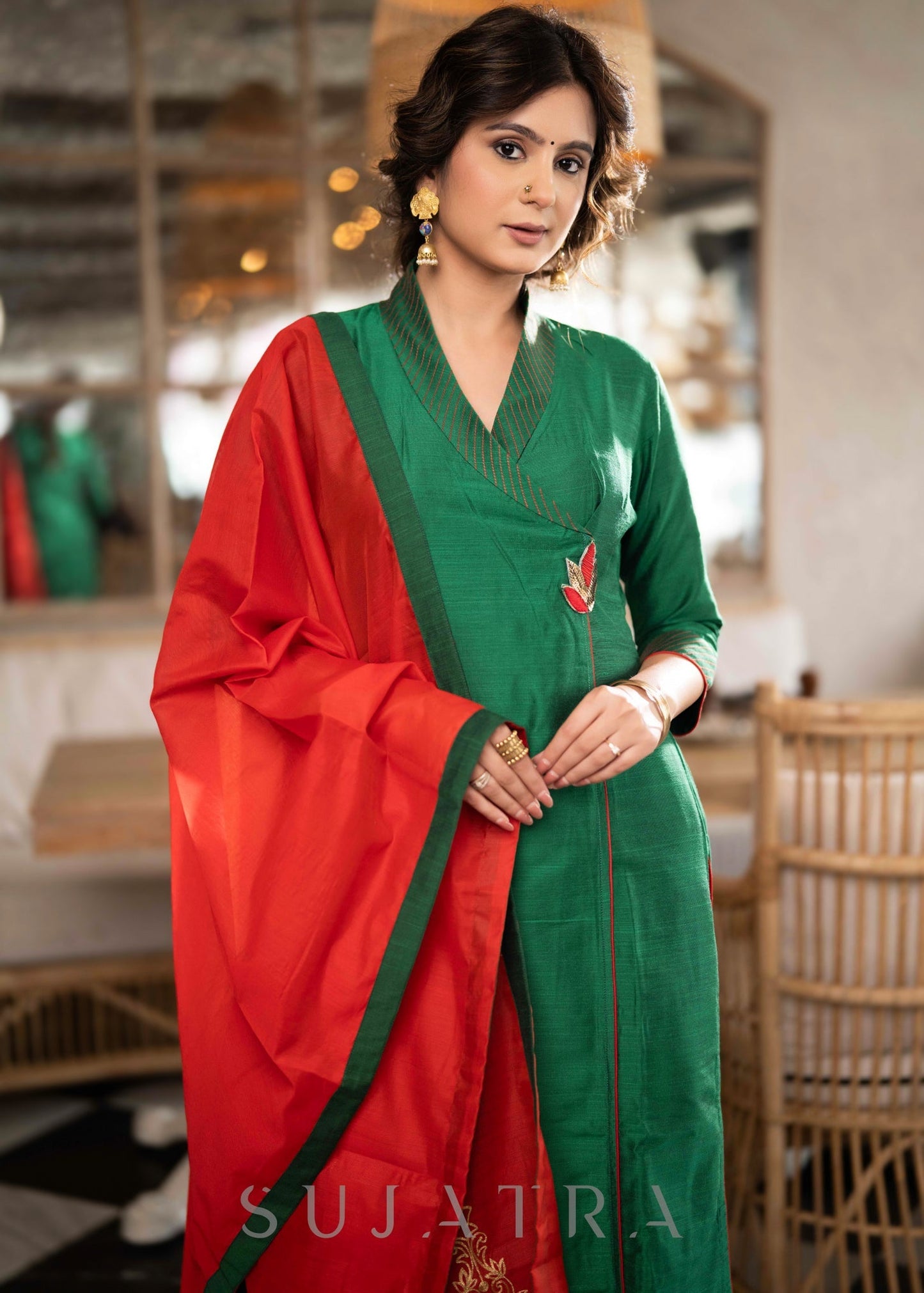 Elegant Emerald Green Cotton Silk pant & Kurta With Red Thread work On Neckline & Sleeves - Dupatta Optional