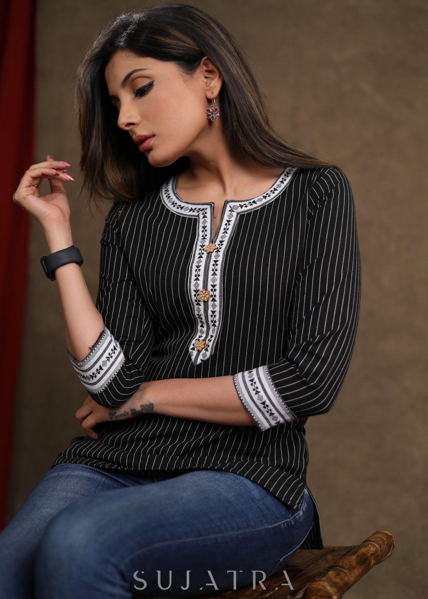 Casual Black Line Ikkat Combination Top