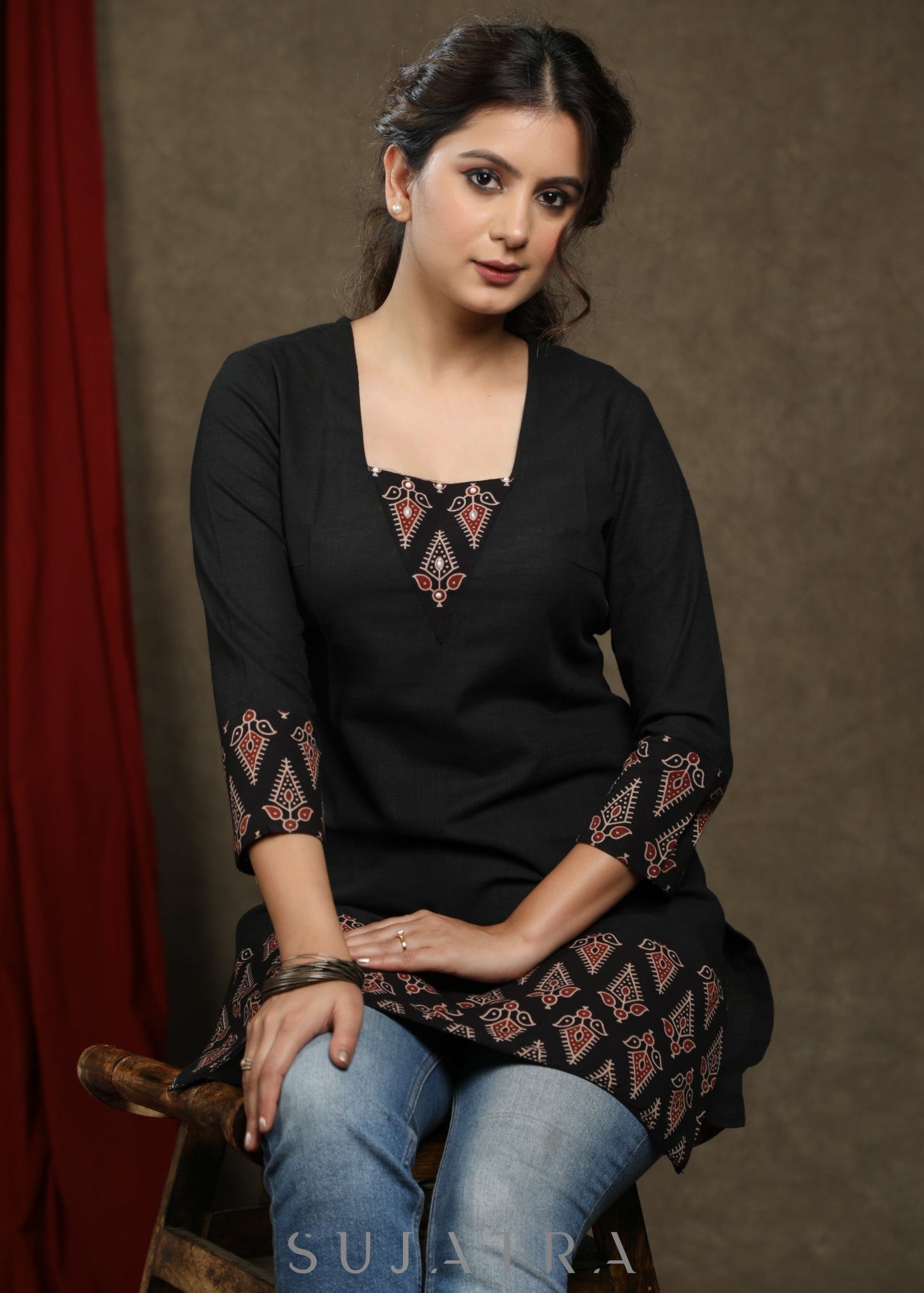 Classy black cotton tunic with beautiful ajrakh combination highlighted with pearls