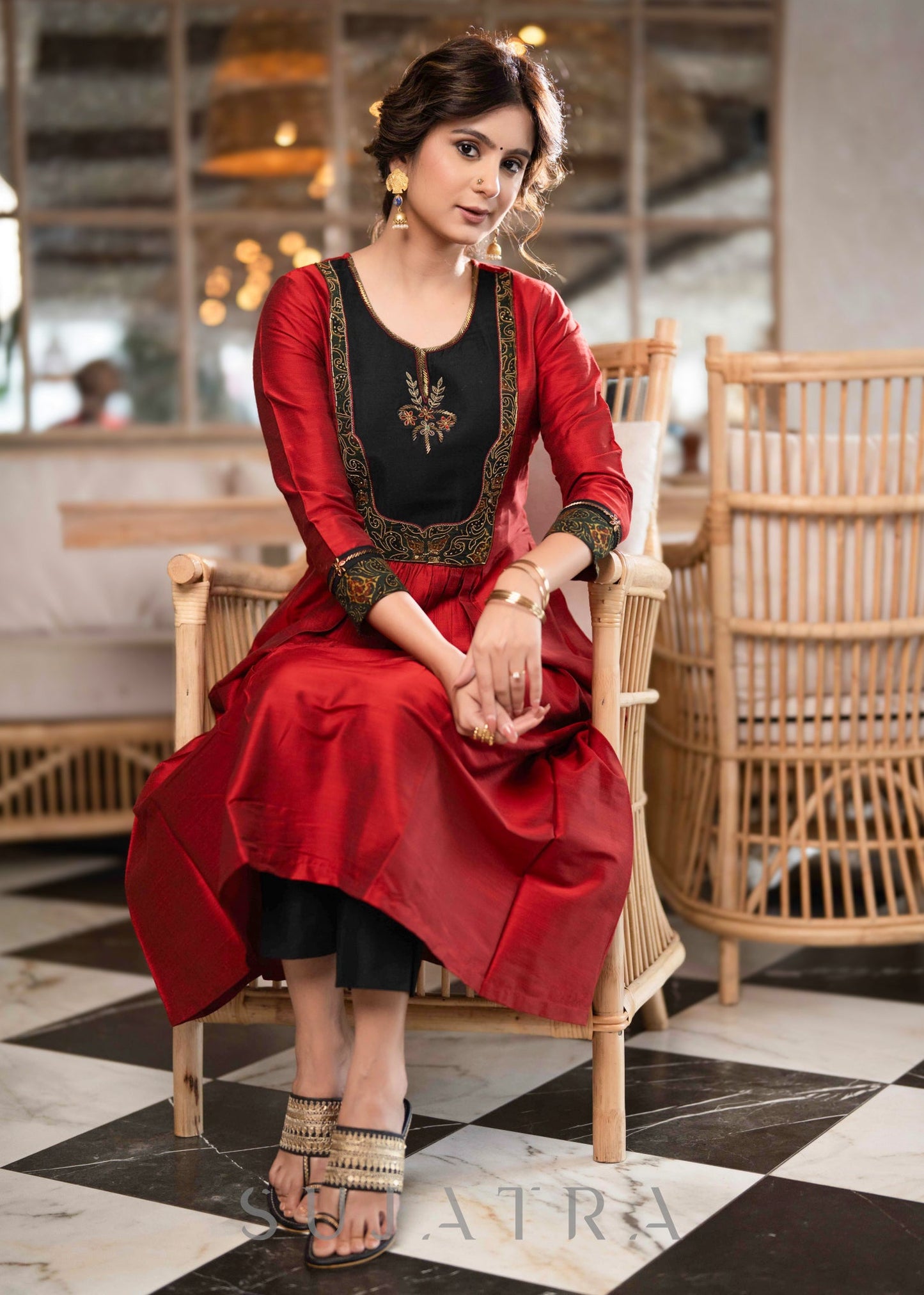 Beautiful A Line Maroon cotton Silk Kurta With Ajrakh Patchwork On Yoke - Pant Optional