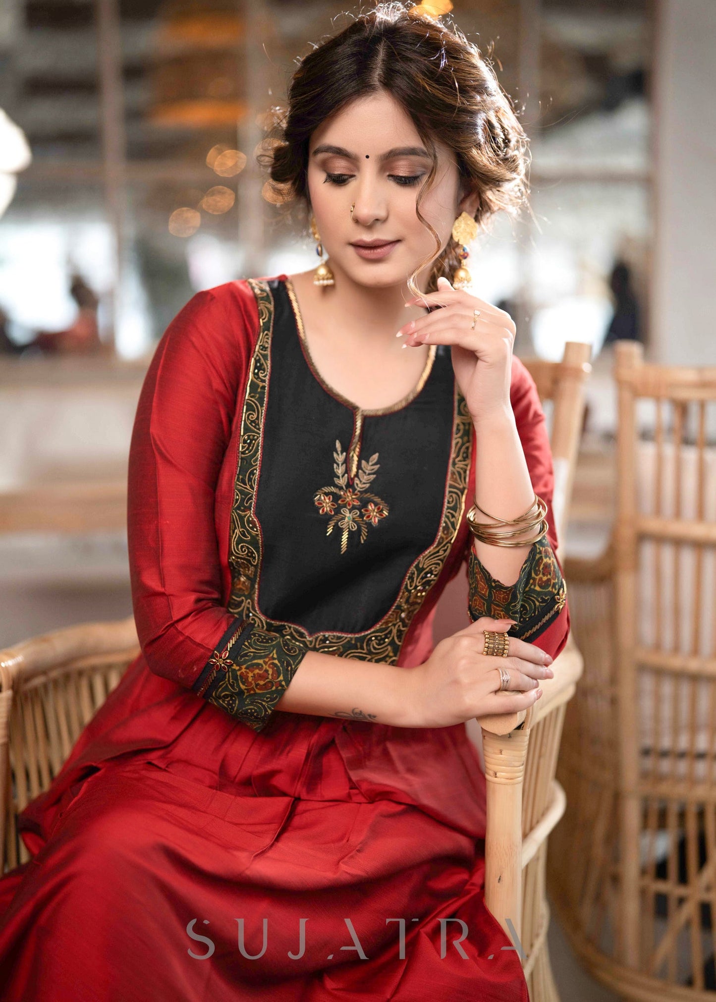 Beautiful A Line Maroon cotton Silk Kurta With Ajrakh Patchwork On Yoke - Pant Optional