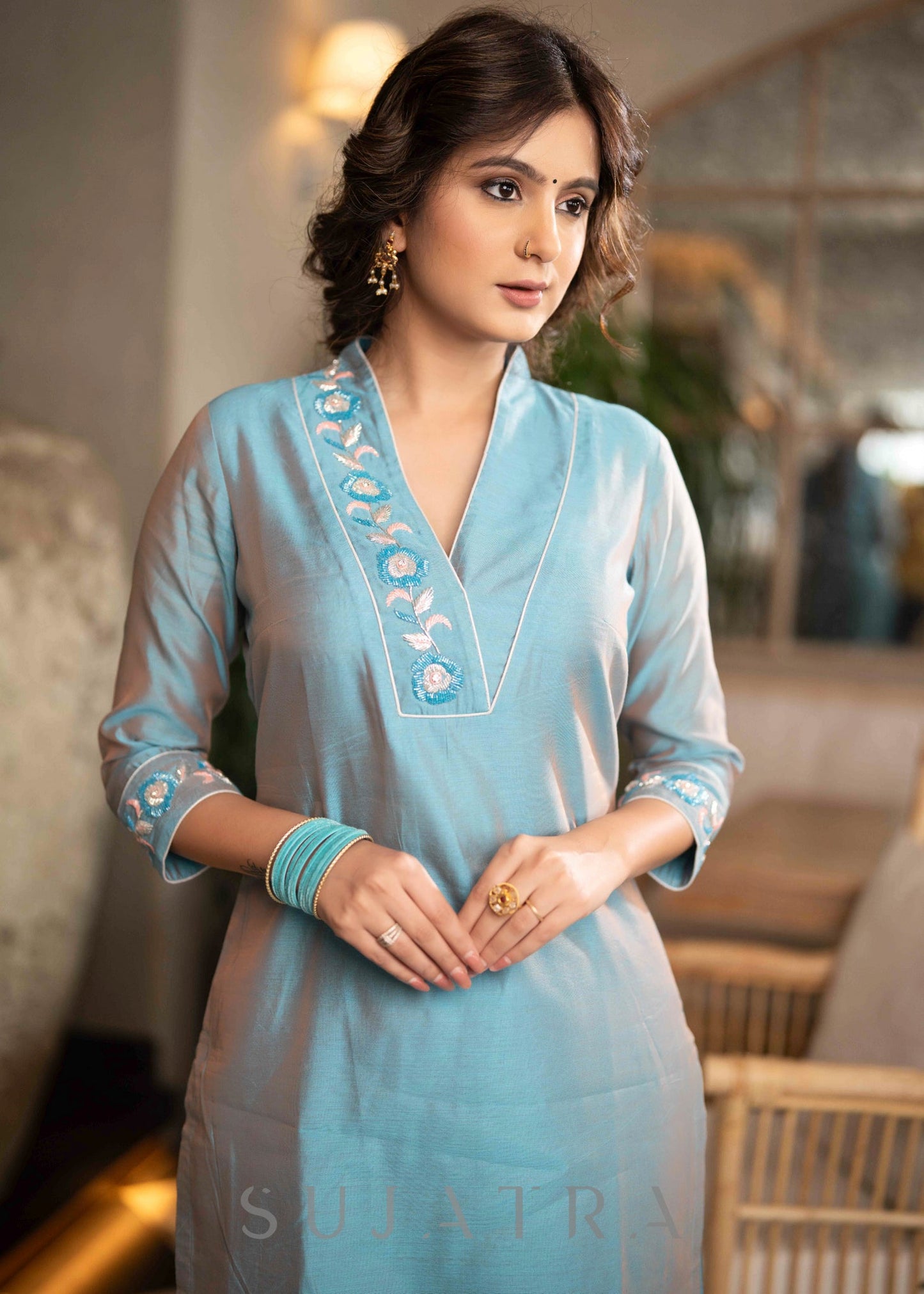 Beautiful Firozi Blue Chanderi Pant &Kurta With Glass Beadwork On Neckline & Sleeves - Dupatta Optional