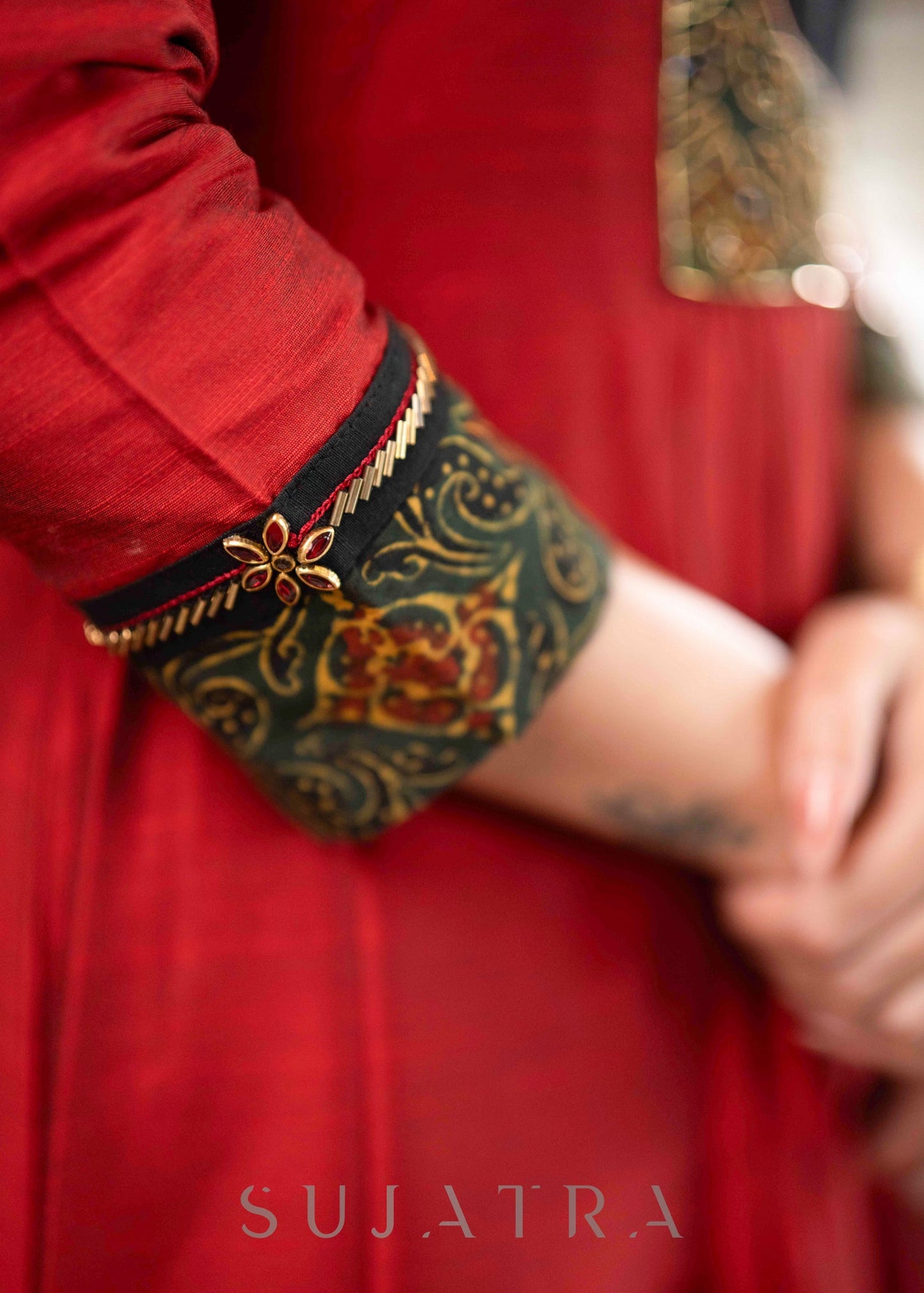 Beautiful A Line Maroon cotton Silk Kurta With Ajrakh Patchwork On Yoke - Pant Optional