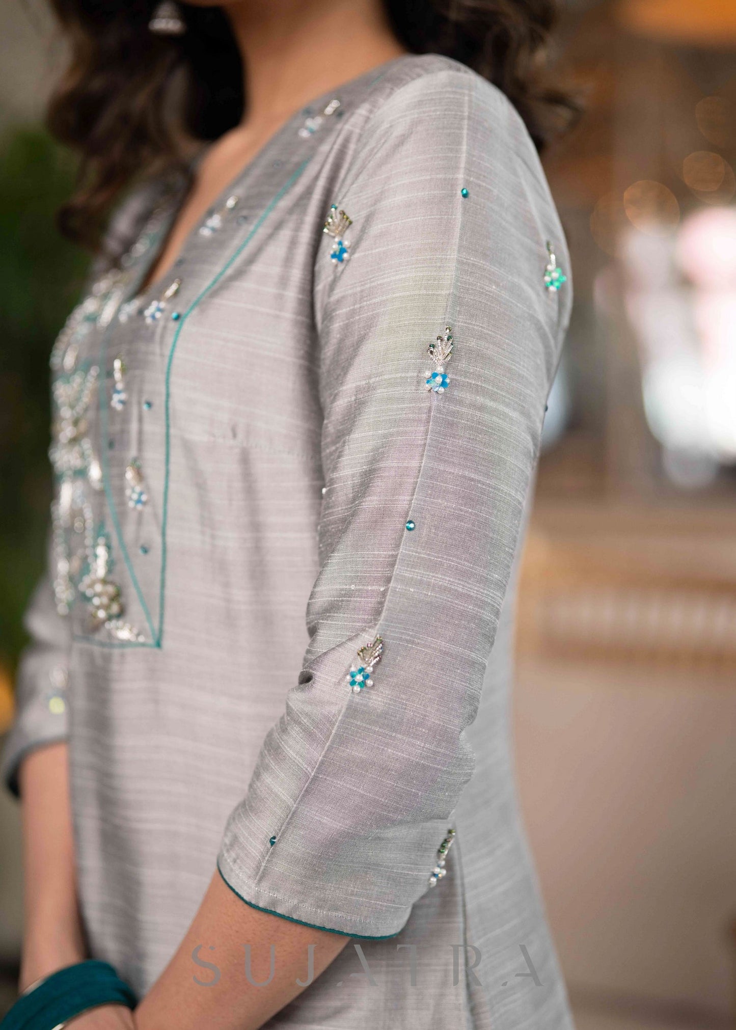Elegant Grey Cotton Silk Pant & Kurta With Turquoise Embroidery On Yoke & Sleeves - Dupatta Optional