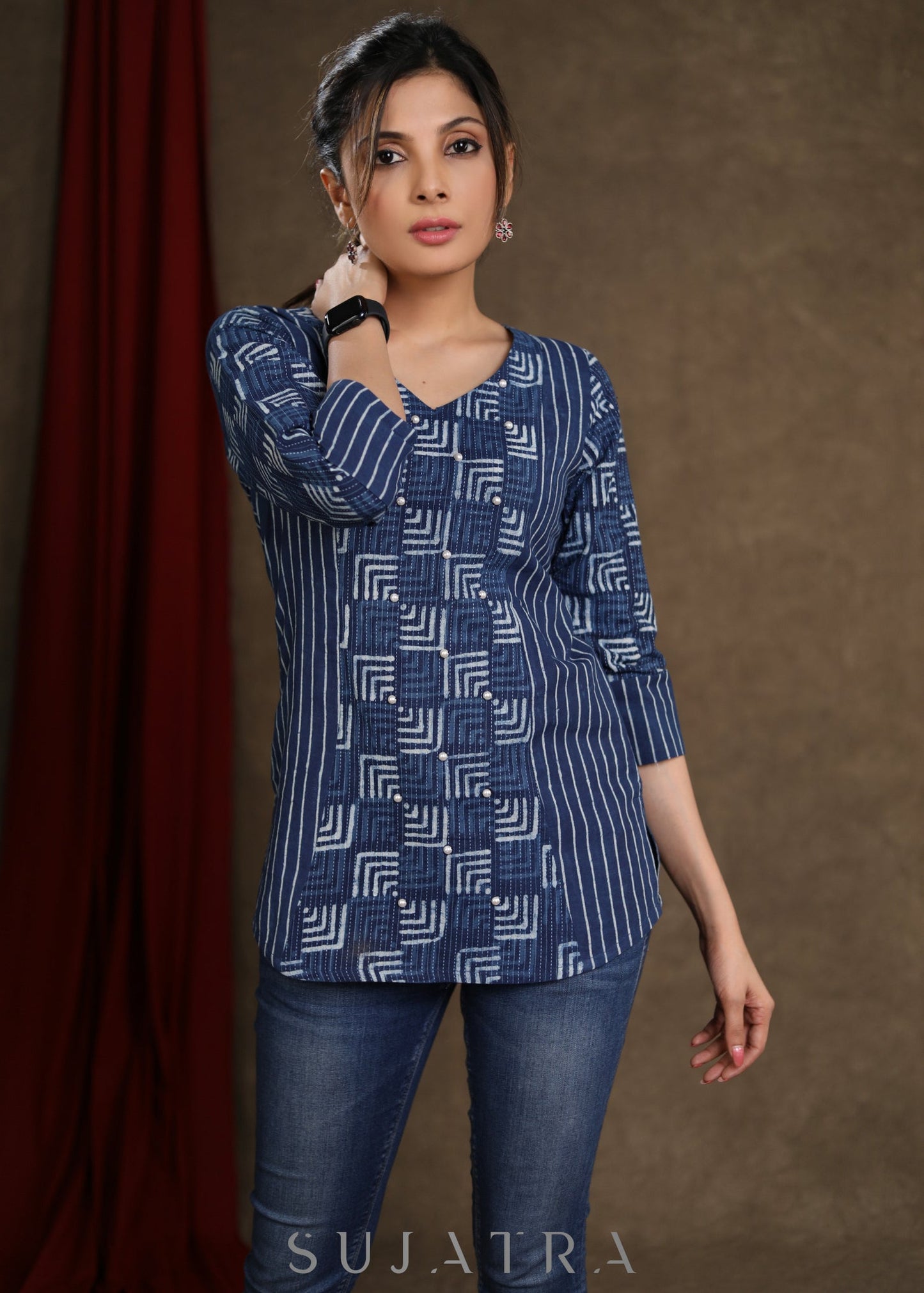 Casual Cotton Indigo Combination Top