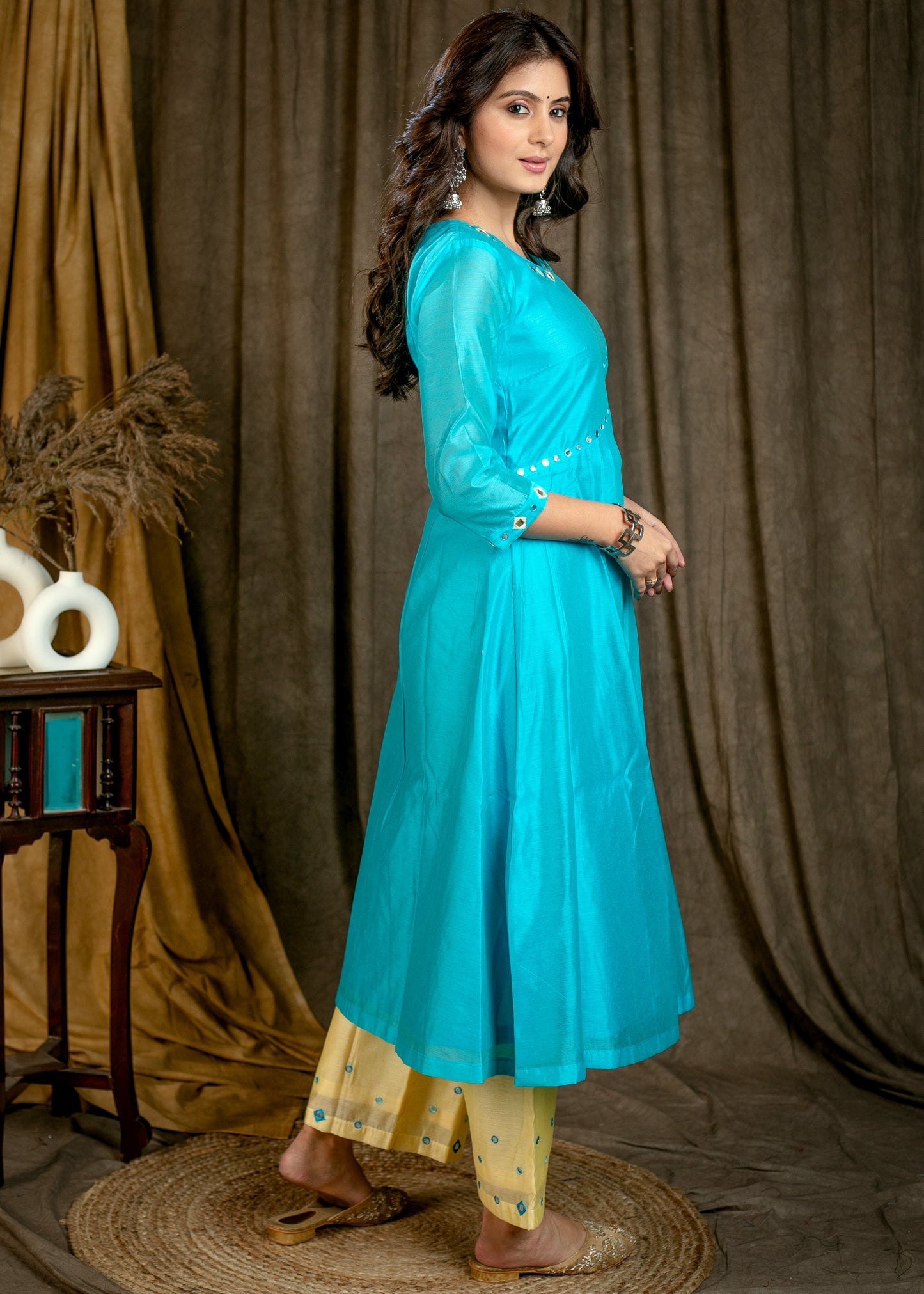 Exclusive Light Blue Chanderi Kurta with Mirrorwork On Yoke - Contrast Mirror Work Pant Optional