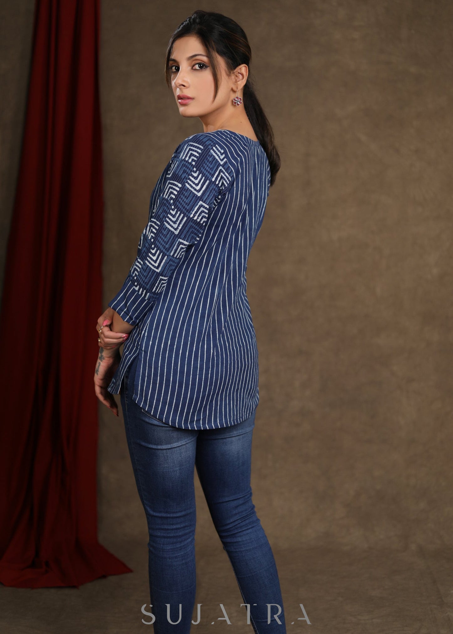 Casual Cotton Indigo Combination Top