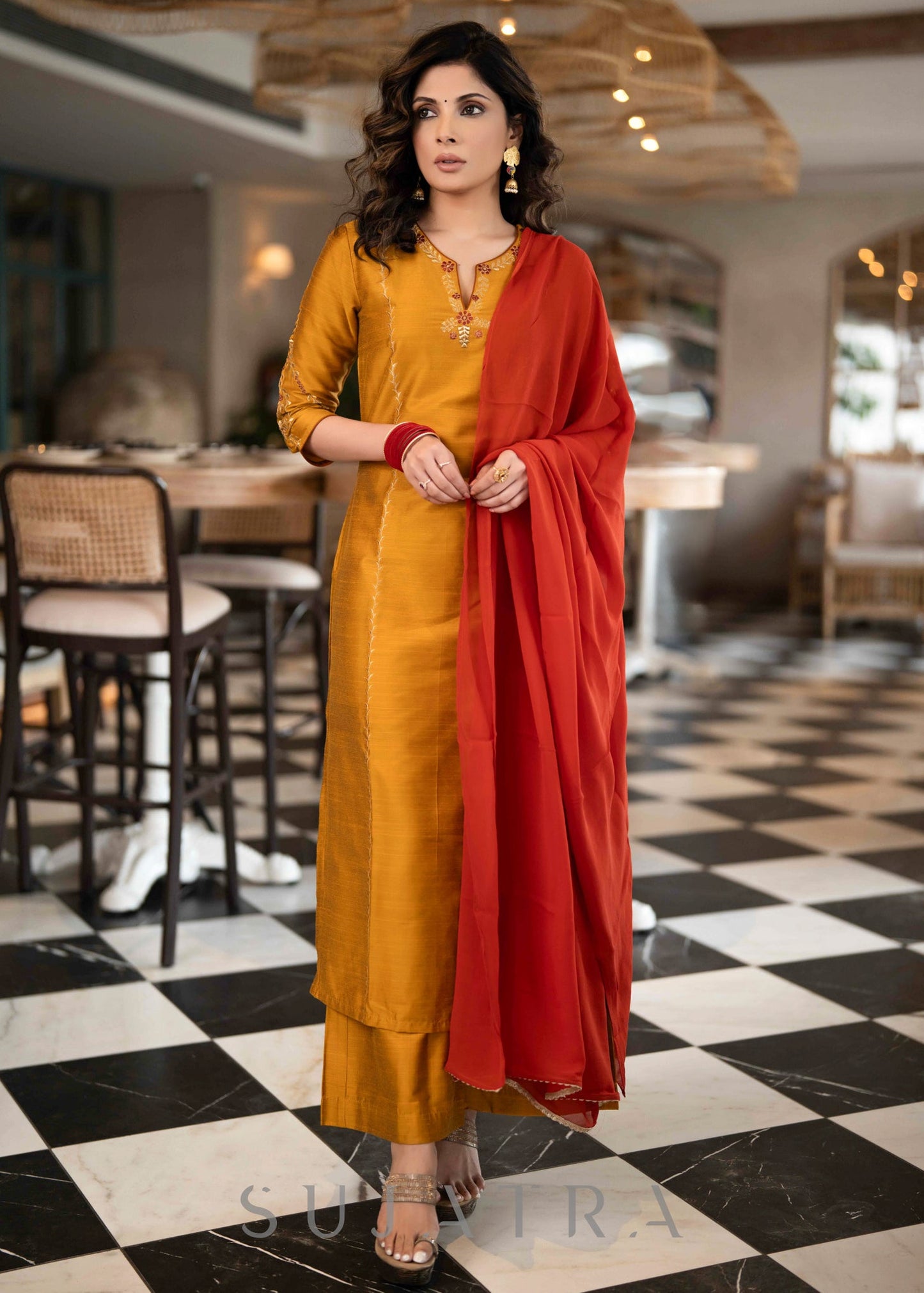 Elegant Mustard Cotton Silk Pant & Kurta With Gold Rust Embroidered Detailing - Dupatta Optional