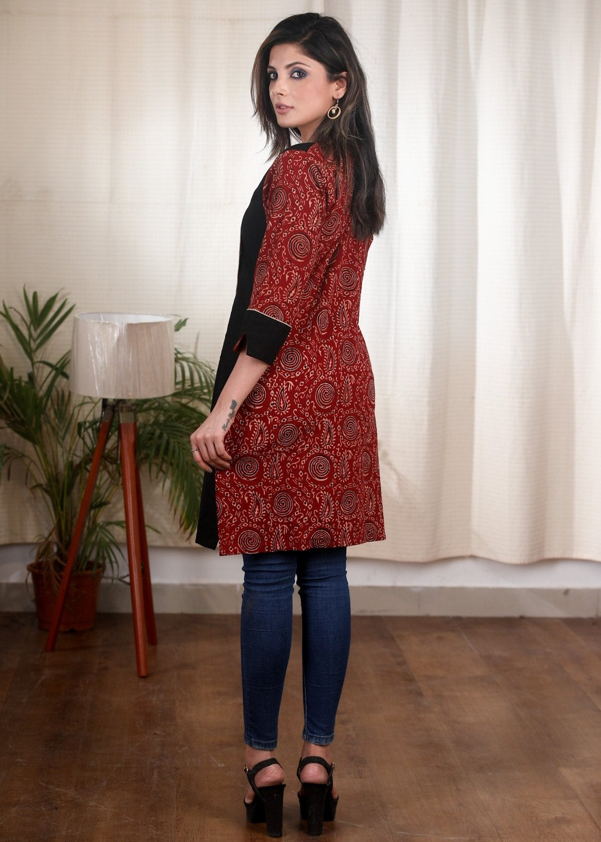 Ajrakh combination maroon and black cotton tunic