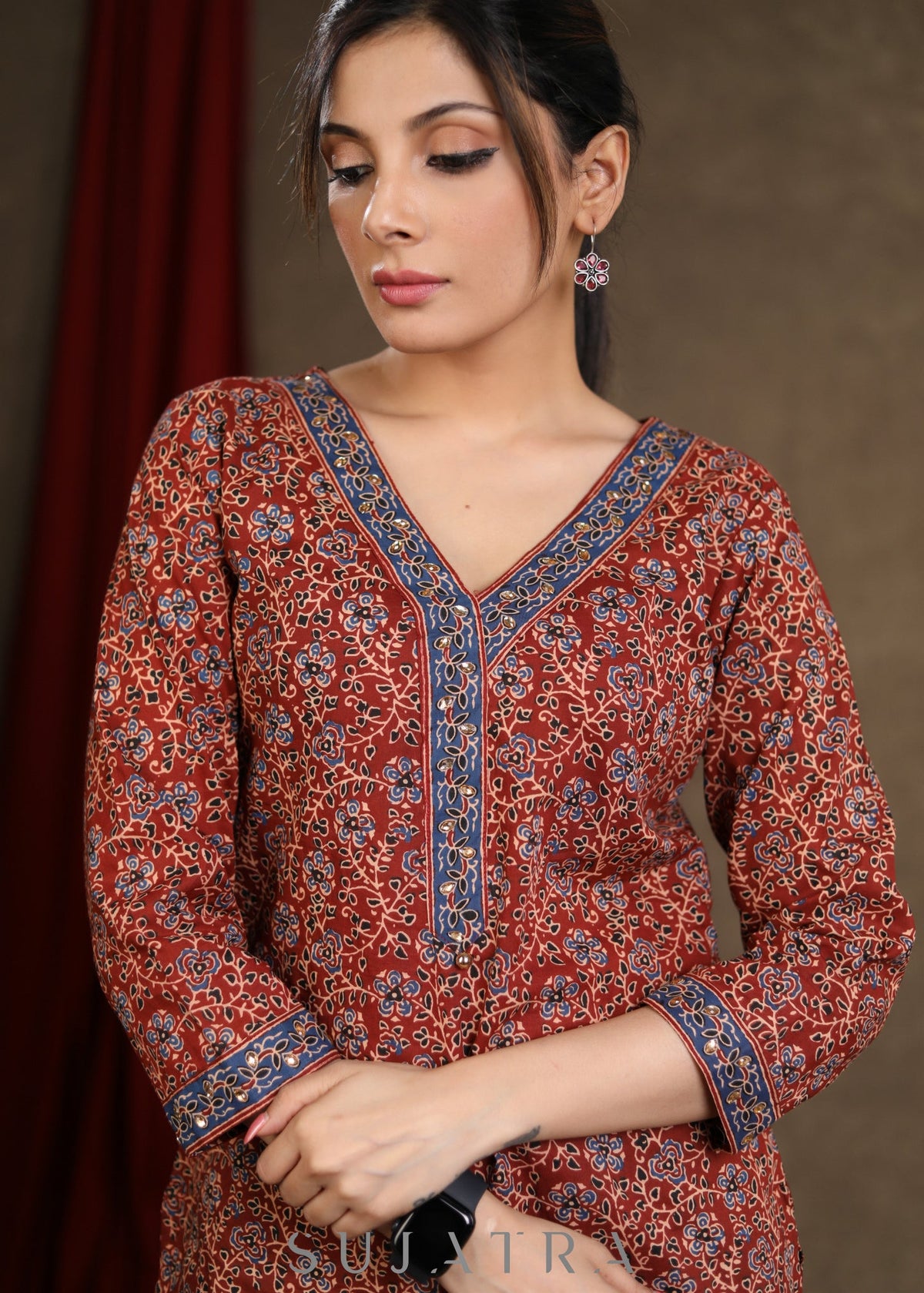 Smart Maroon Ajrakh Printed Top & Stone Embellishment