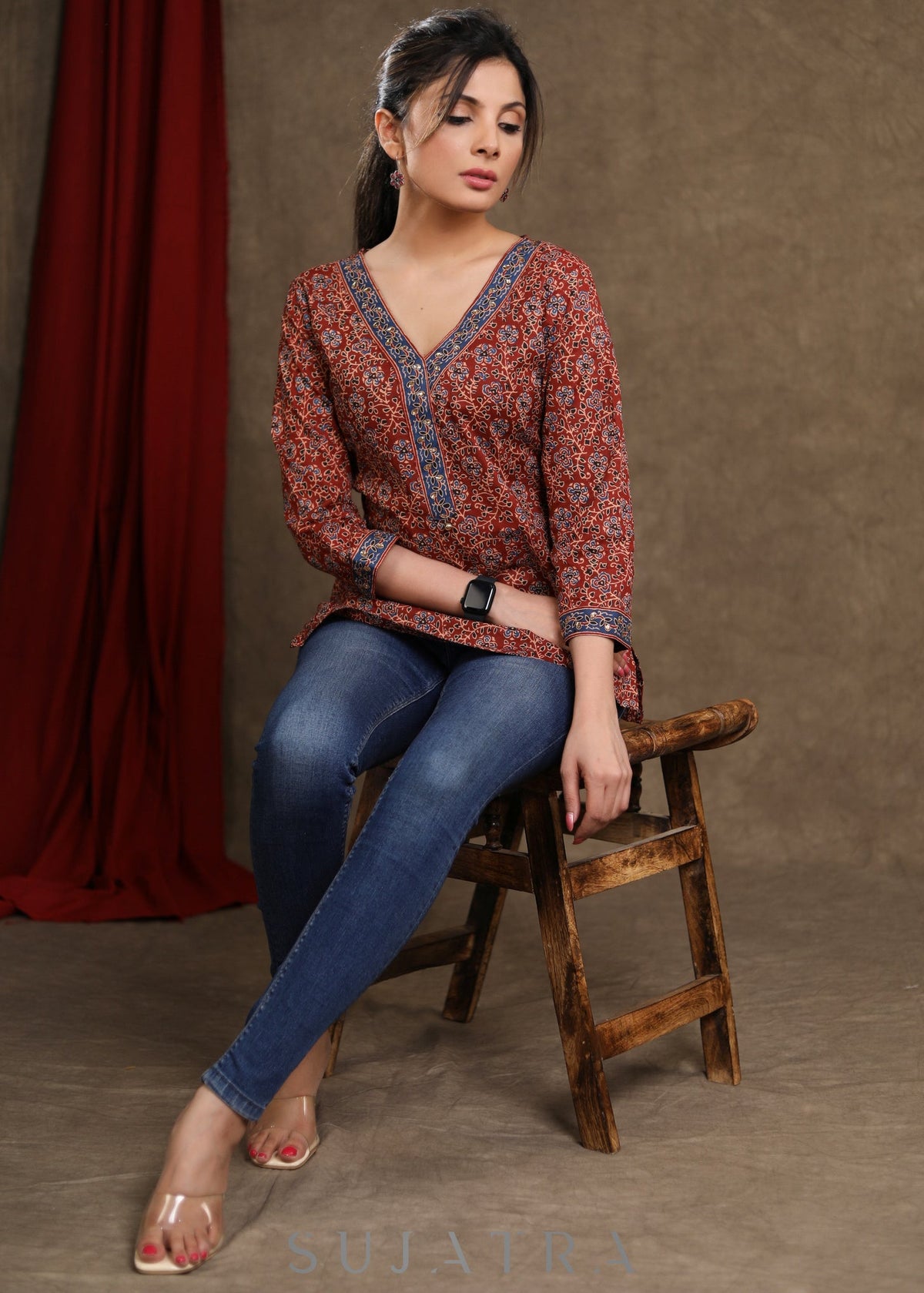 Smart Maroon Ajrakh Printed Top & Stone Embellishment