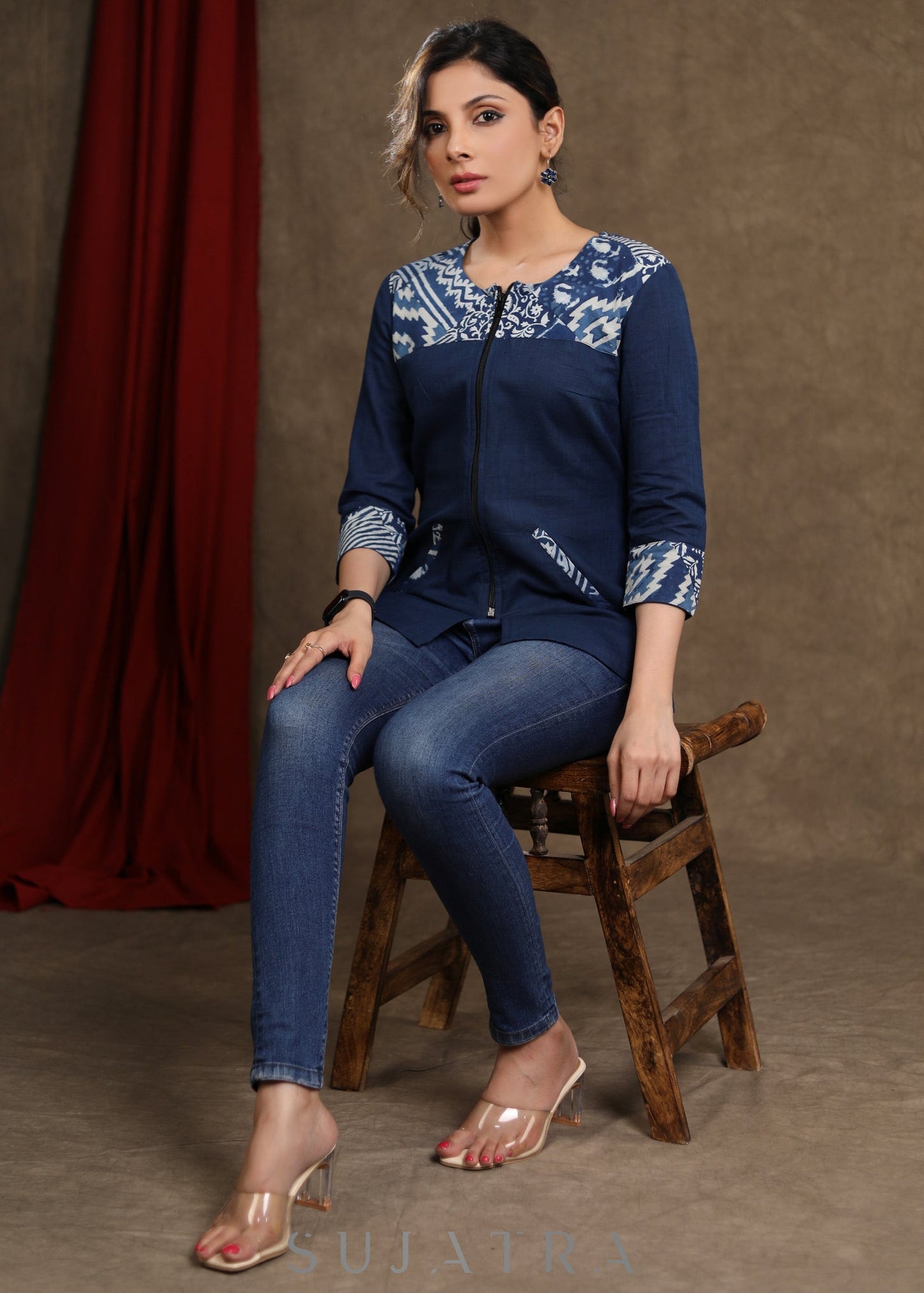 Trendy Cotton Top with Indigo Combination & Front Zip