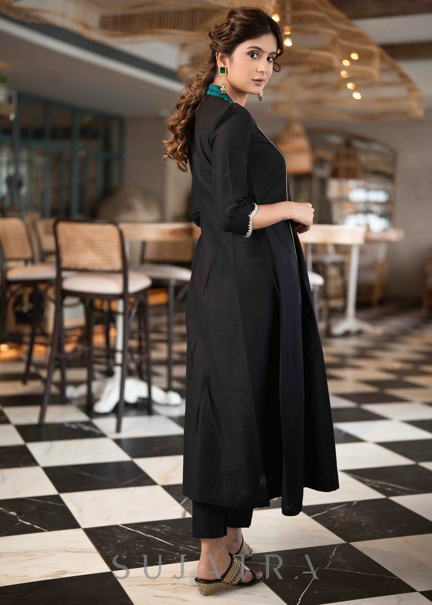 Beautiful Black Cotton Silk pant & A Line Kurta With Turquoise Detailing & Brooch - Dupatta Optional