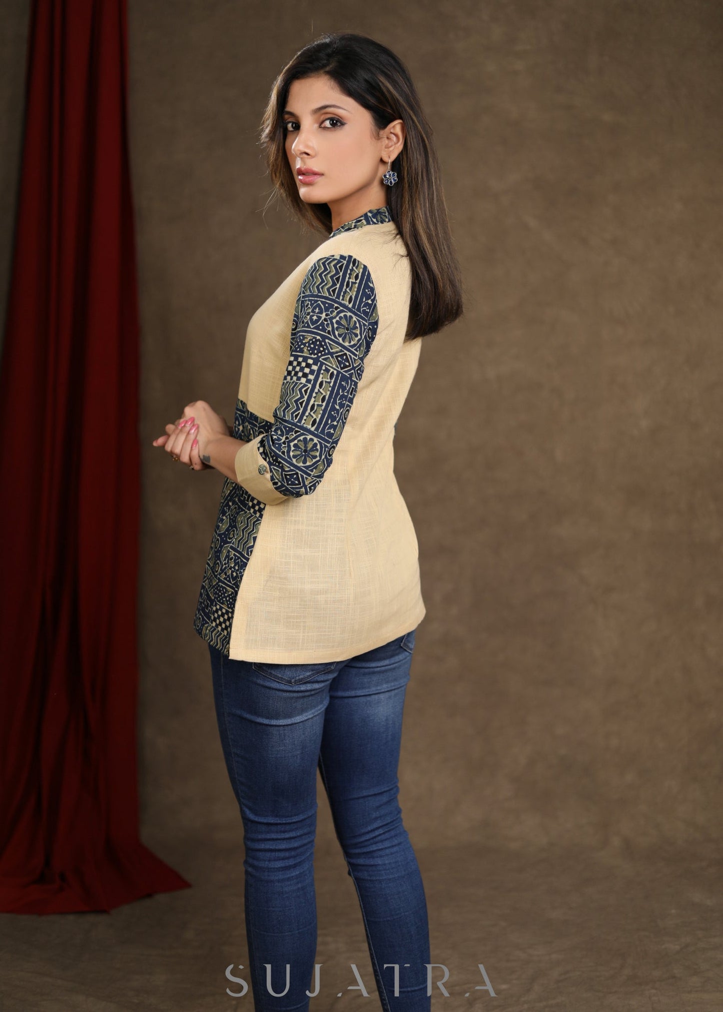 Beige Cotton Ajrak Combination Top