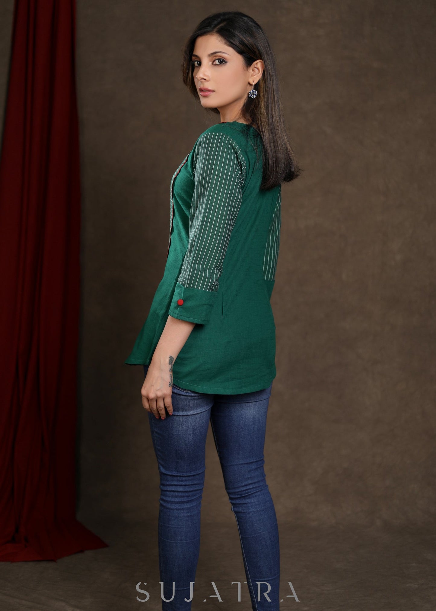 Trendy Green Cotton Ikkat Combination Top with Maroon Detailing