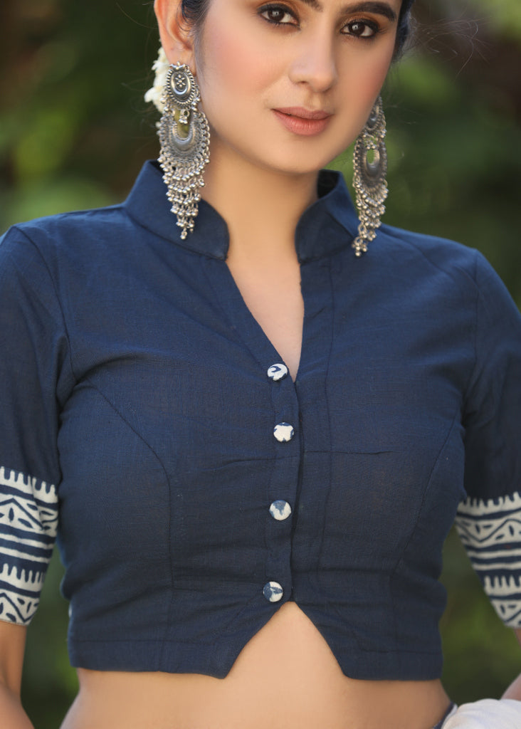 Blue Cotton Slub Blouse with Mandarin Collar and Indigo Border - Optional Plain Saree