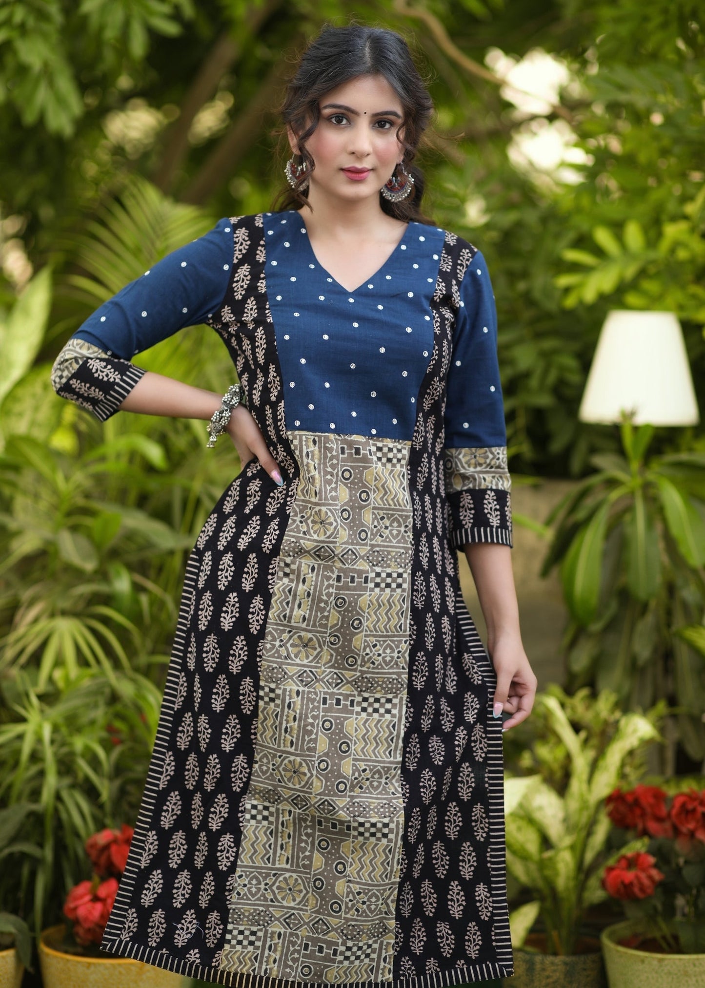 Elegant Cotton Indigo & Ajrakh Mix Cotton Hand Mirror Work Kurta - Pant Optional