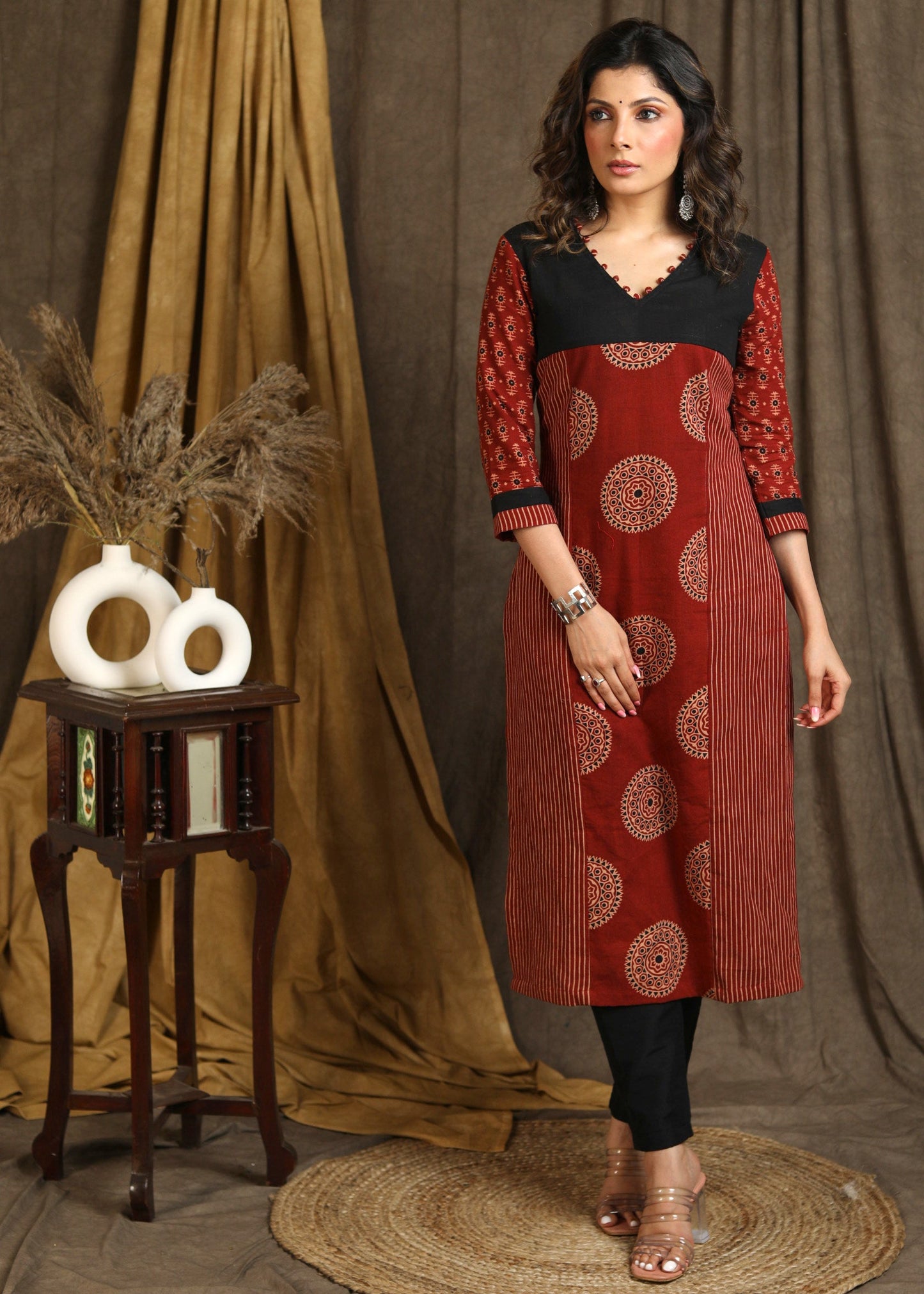 Smart Straight Cut Cotton Ajrakh Combination Kurta - Pant Optional