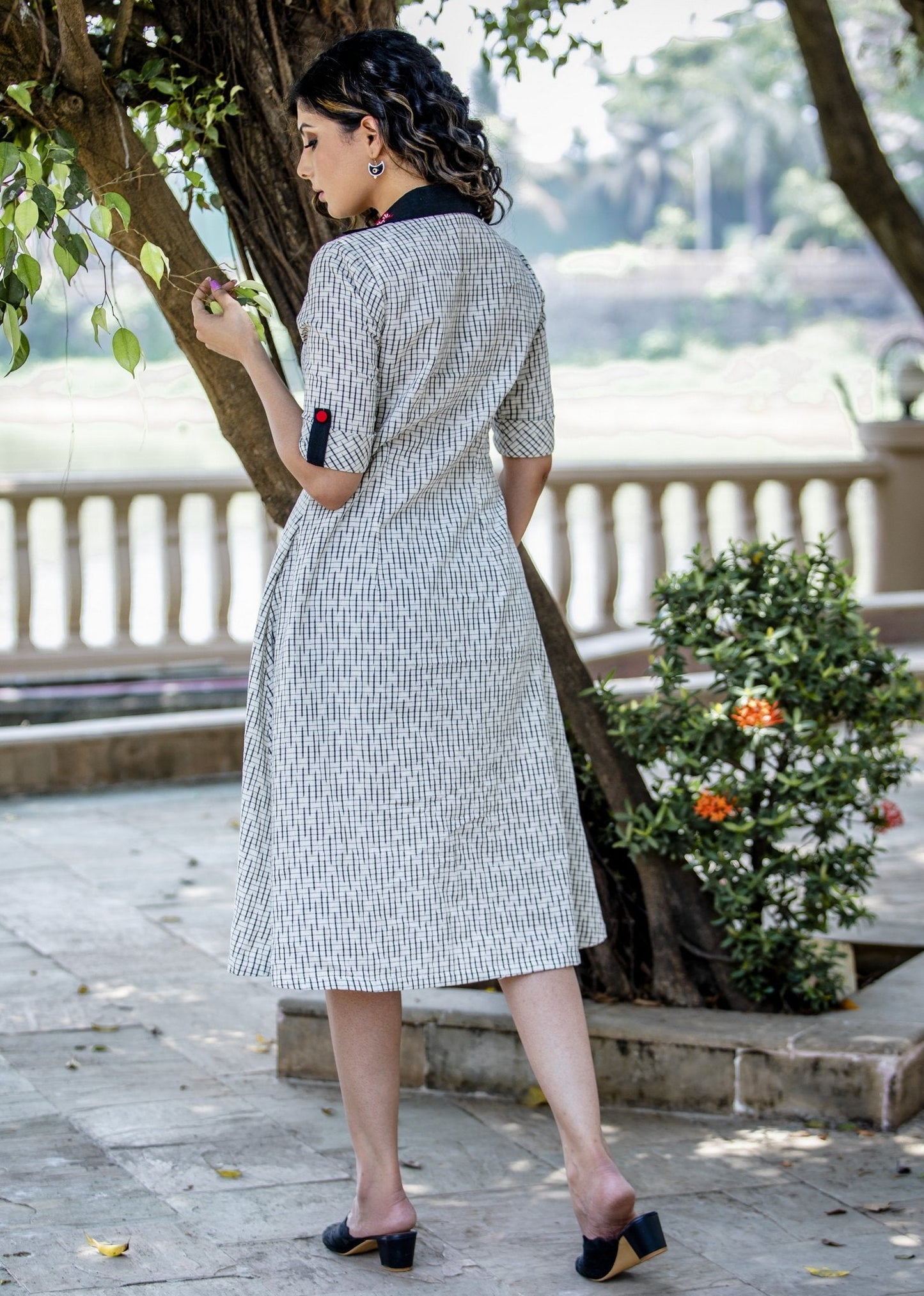 Exclusive Ikat dress with contrast red embroidery on collar