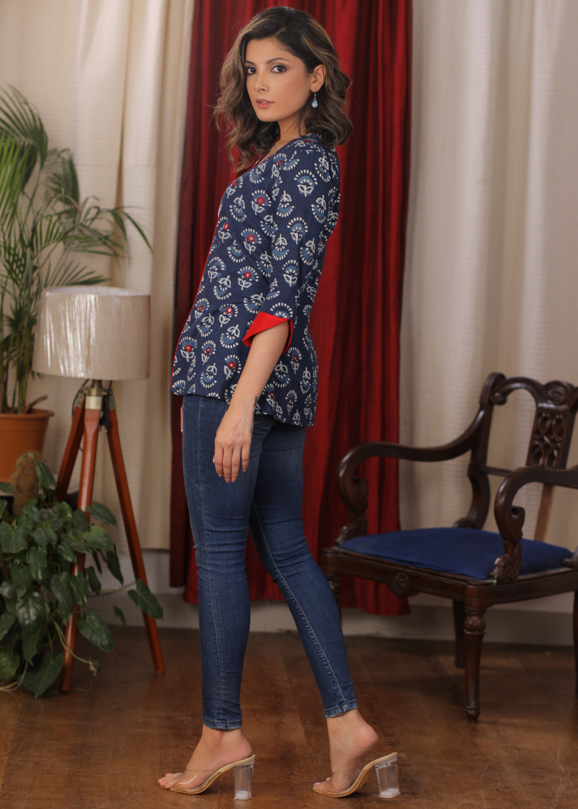 Indigo Jacket With Red Mirror Work