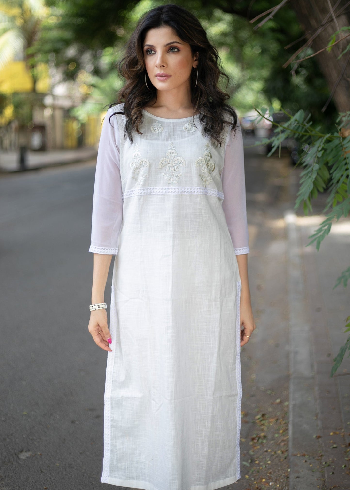 Classy White Cotton Kurta with Front Embroidery and Lace Detailing - Pant Optional