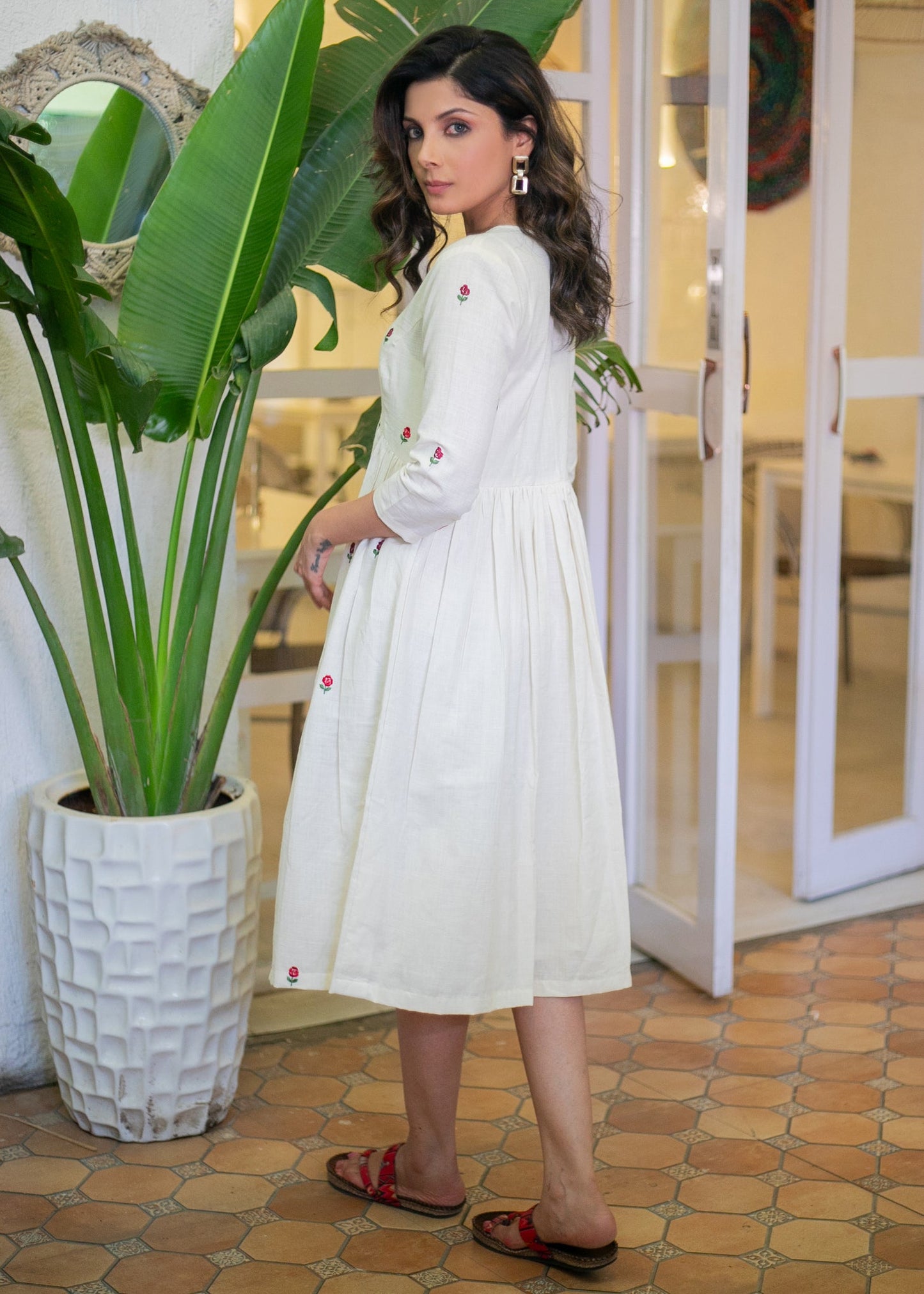 Beautiful White Cotton Dress with Floral Embroidery