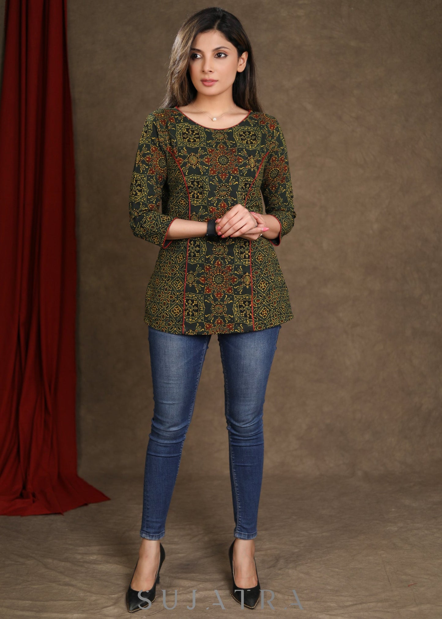 Casual Green Ajrakh Hand Block Printed Cotton Top